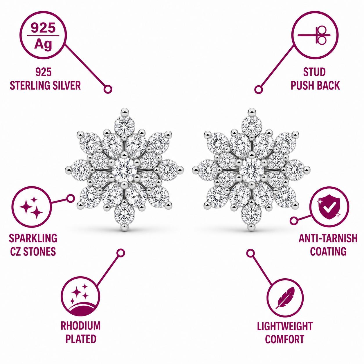 925 Sterling Silver Finish Crystal Snowflake Stud Earring - Image 4