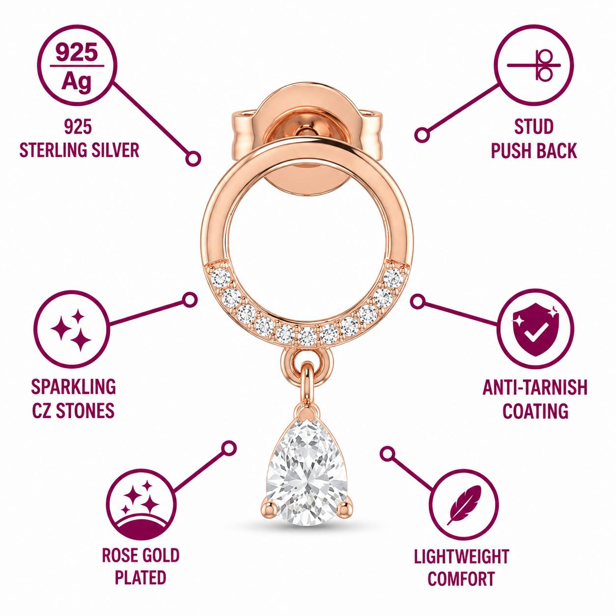 Rose Gold Finish Crystal Drop Circle Stud Earring With 925 Sterling Silver - Image 6