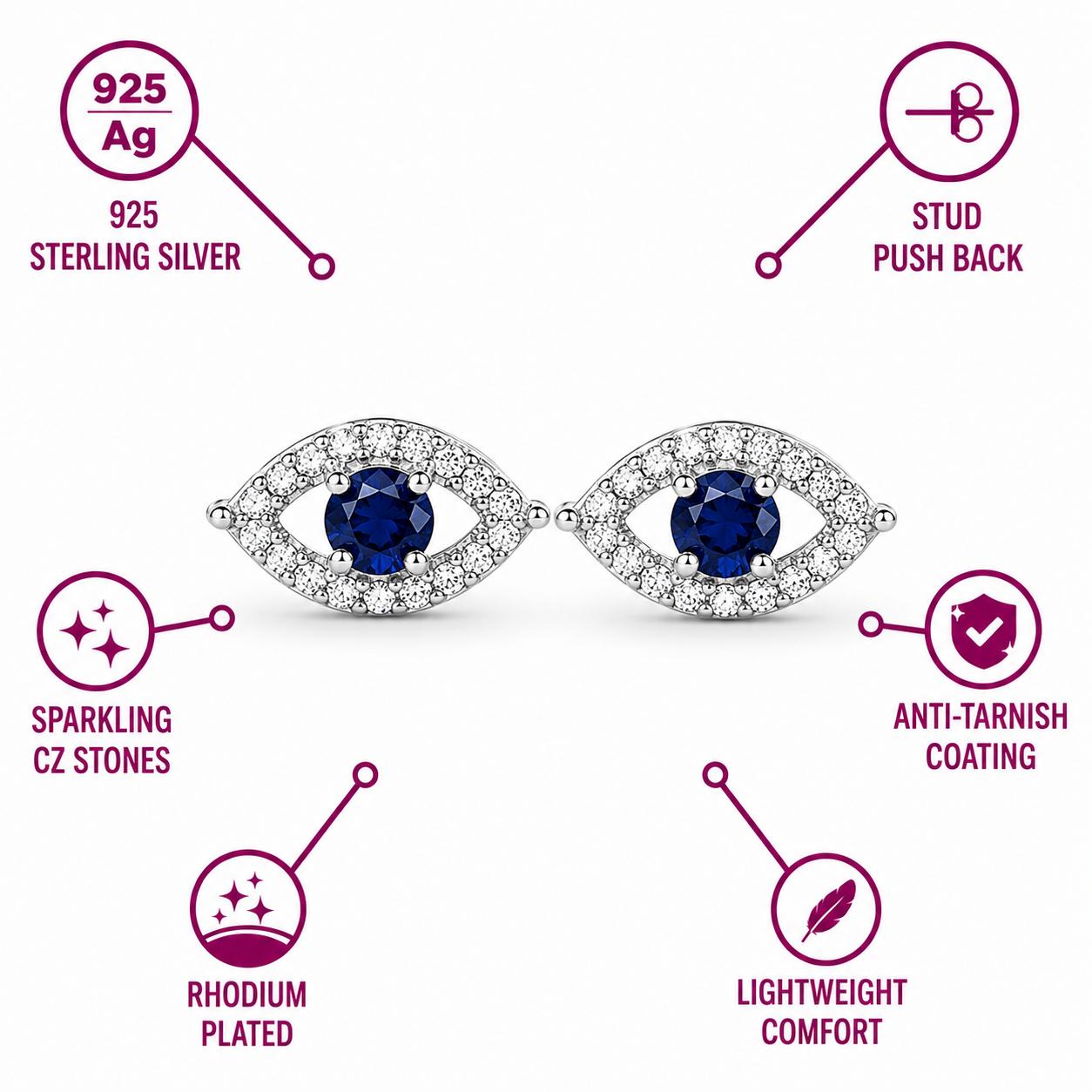 925 Sterling Silver Finish Crystal Evil Eye Stud Earring - Image 5