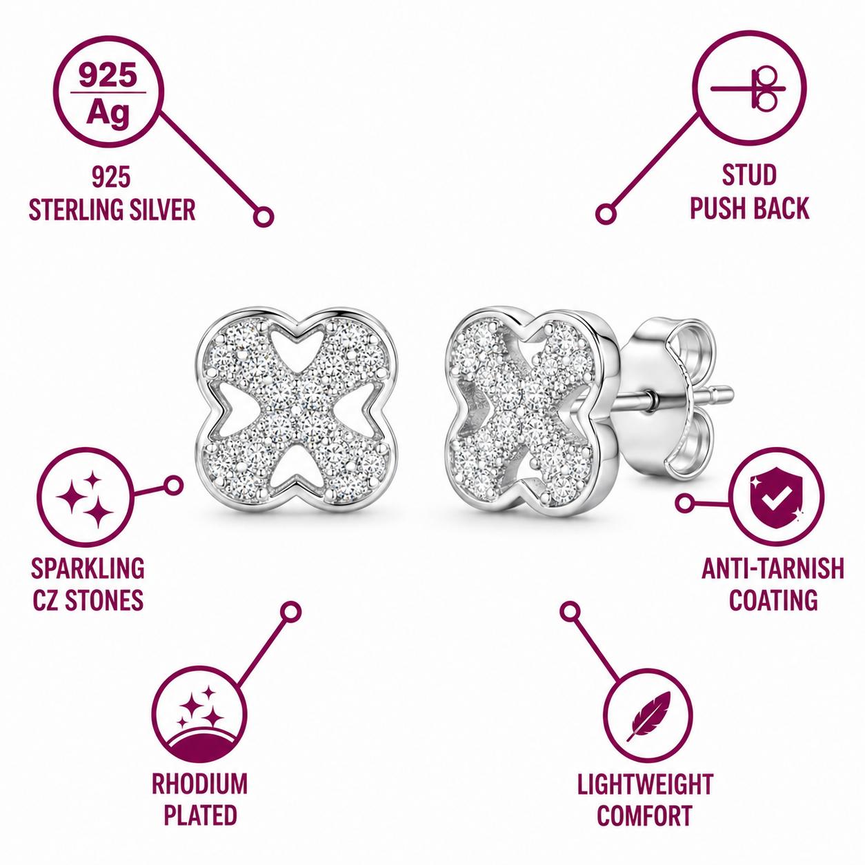 925 Sterling Silver Finish Crystal Clover Stud Earring - Image 4