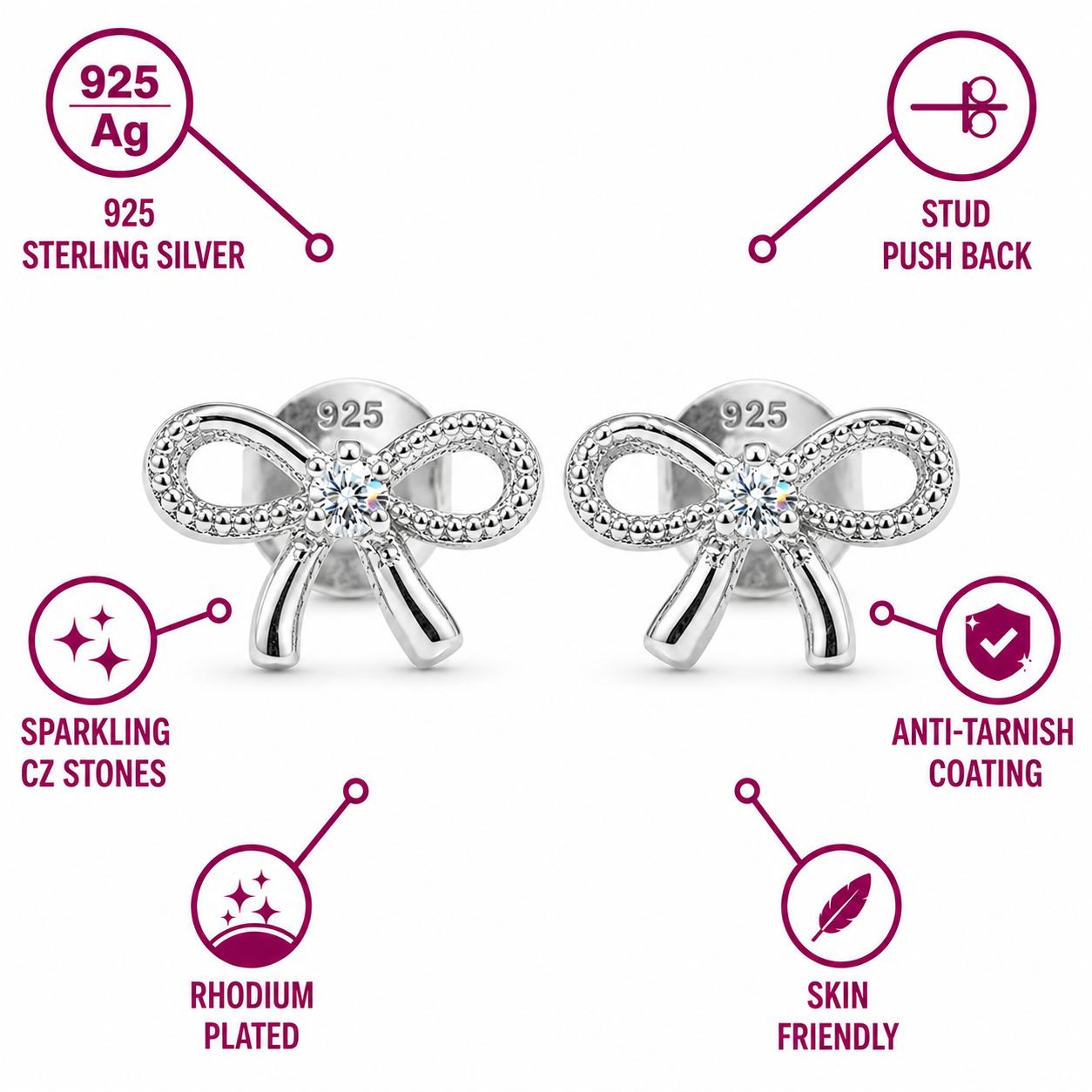 925 Sterling Silver Finish Luxe Bow Stud Earring - Image 5