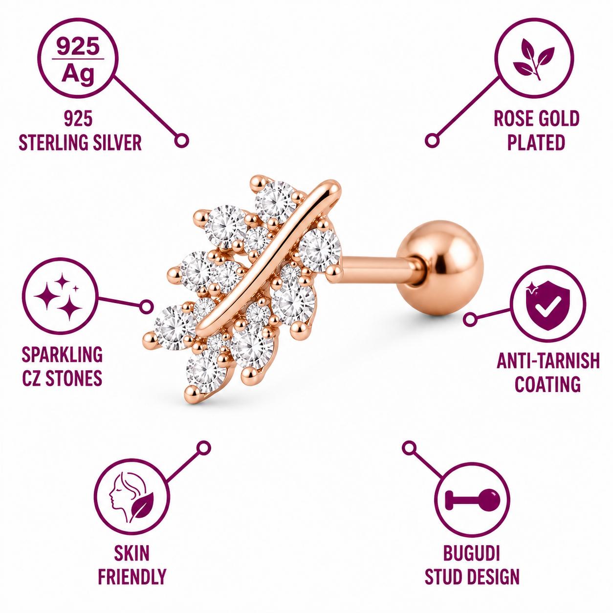 Rose Gold Finish Crystal Leaf Stud Bugadi With 925 Sterling Silver - Image 4