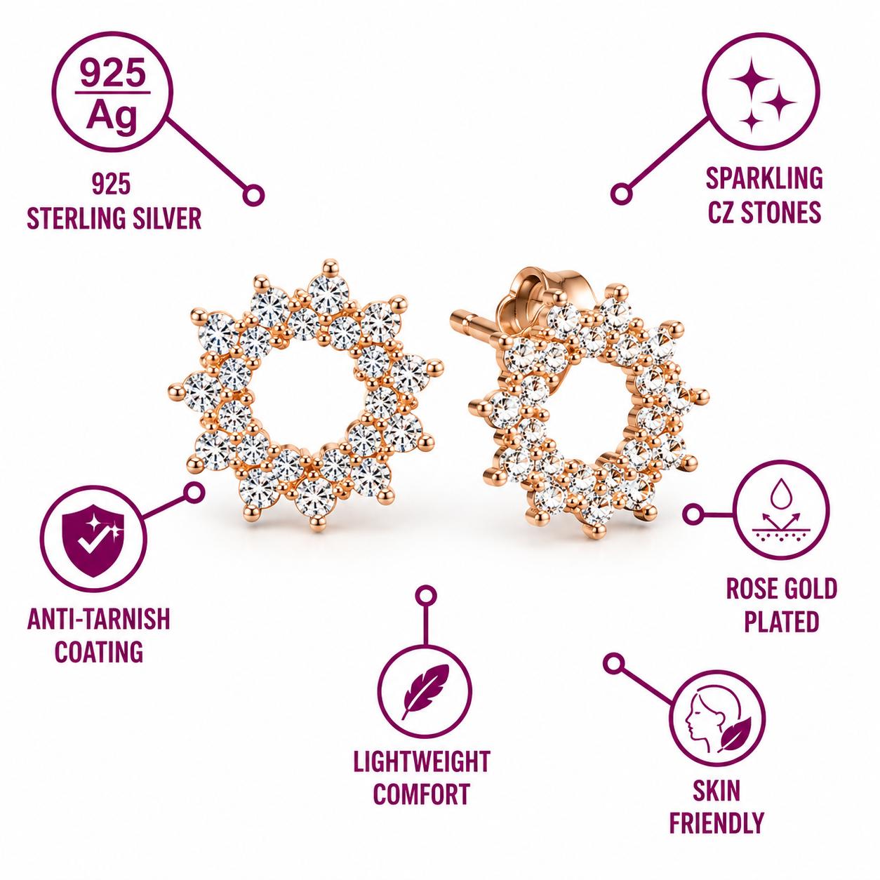Rose Gold Floral Diamond Stud Earrings With 925 Sterling Silver - Image 4