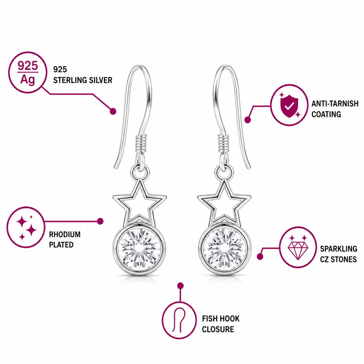 925 Sterling Silver Star & Circle Crystal Jewellery Earrings - Image 4