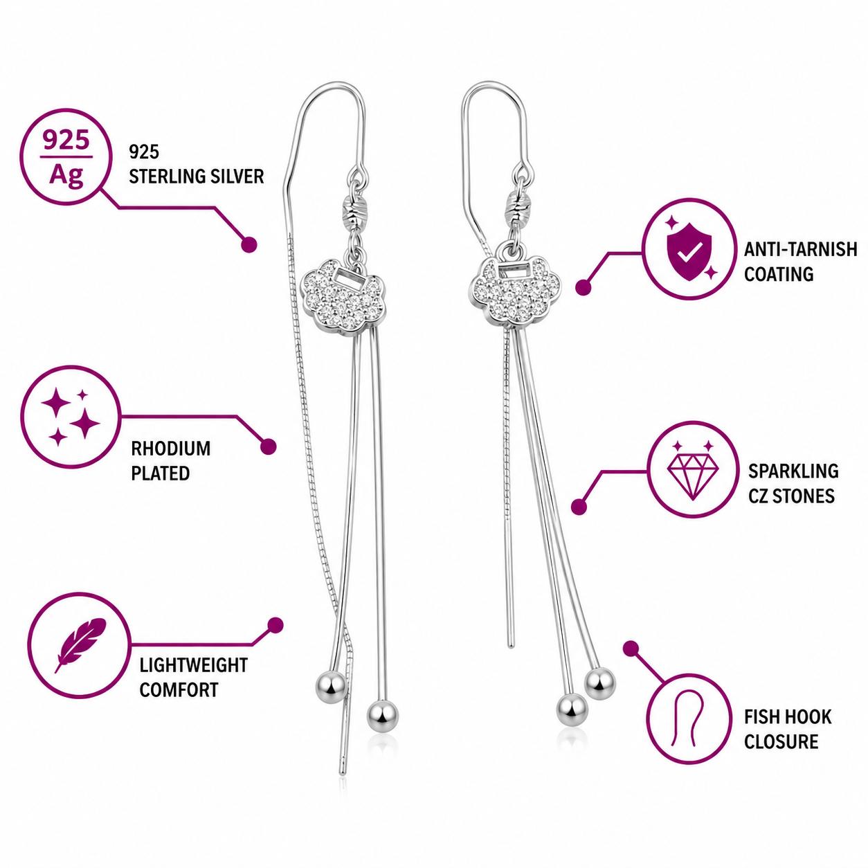 925 Sterling Silver Cloud Charm Long Drop Earrings - Image 5
