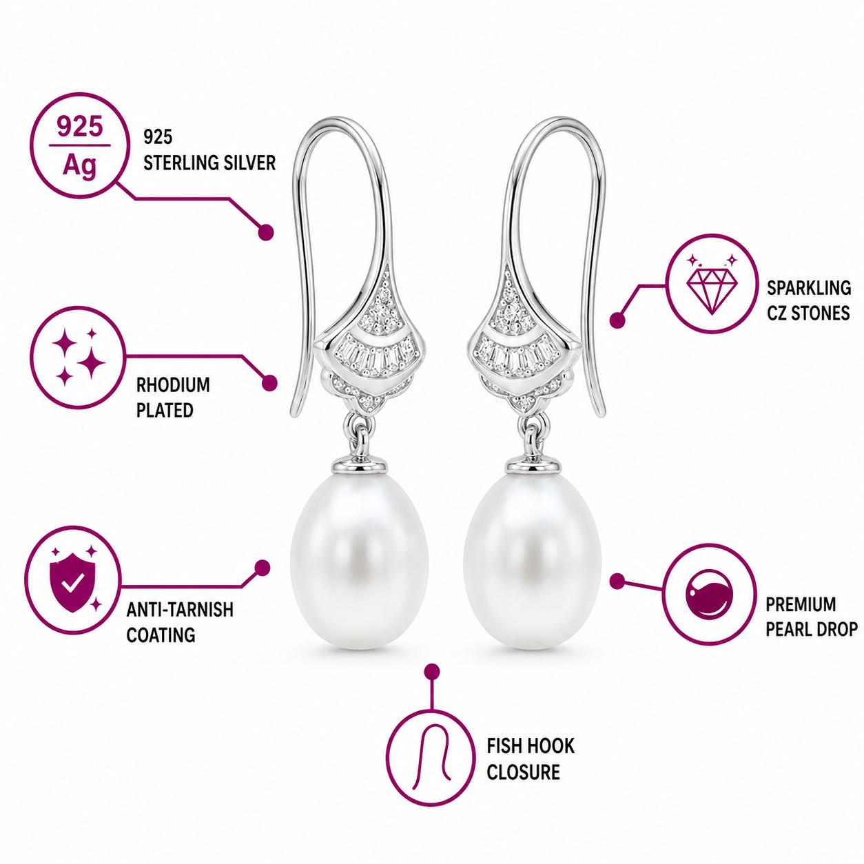 925 Sterling Silver Freshwater Pearl Drop Jewellery Earrings - Image 6
