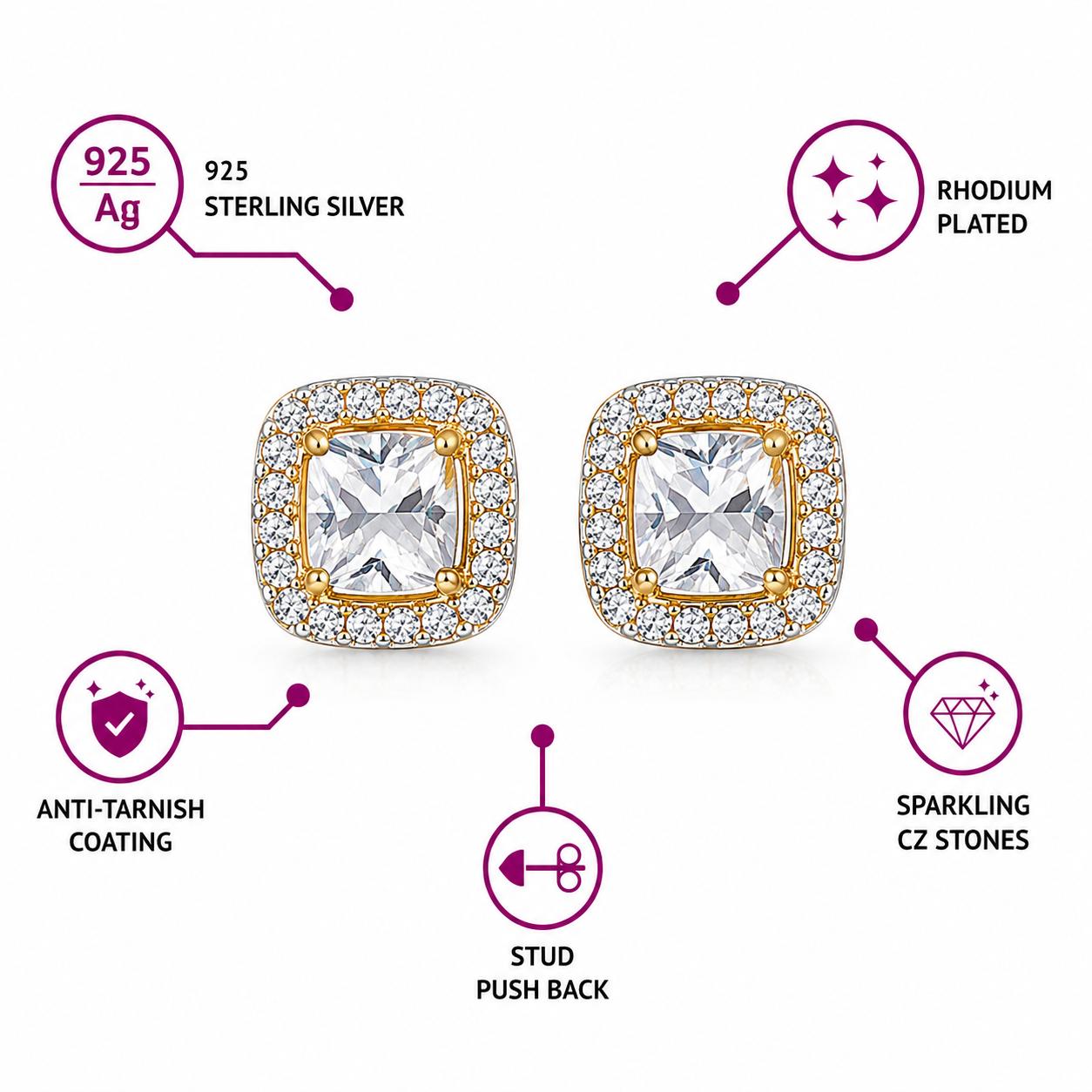 925 Sterling Silver With 22k Gold Plated Cushion Halo Cubic Zirconia Stud Earrings - Image 4