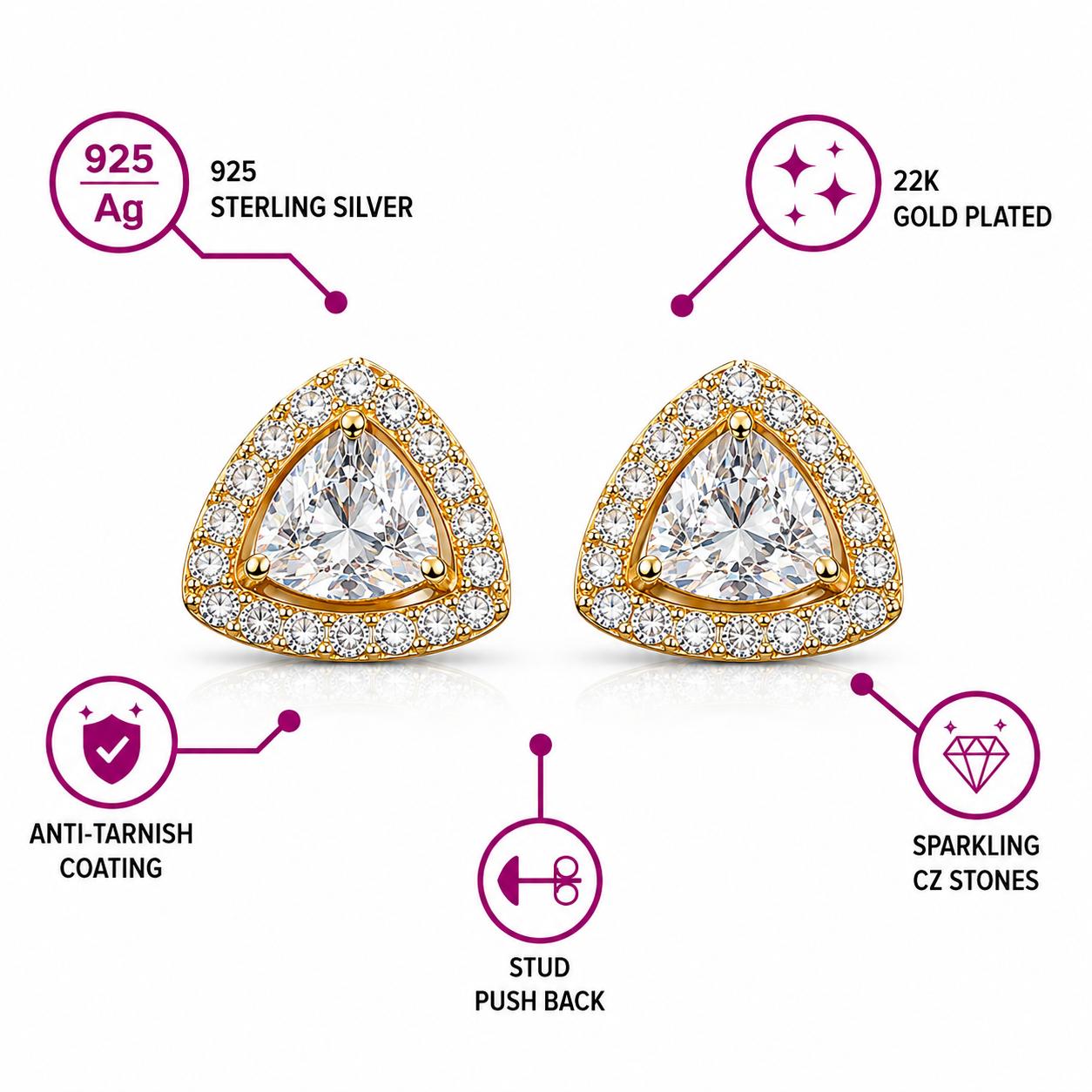925 Sterling Silver With 22k Gold Plated Triangle Halo Cubic Zirconia Stud Earrings - Image 4