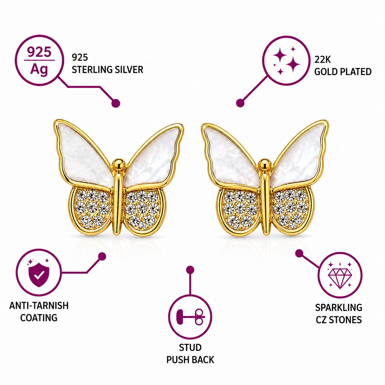 925 Sterling Silver With 22k Gold Plated Butterfly Mother Of Pearl Stud Earrings - Image 5