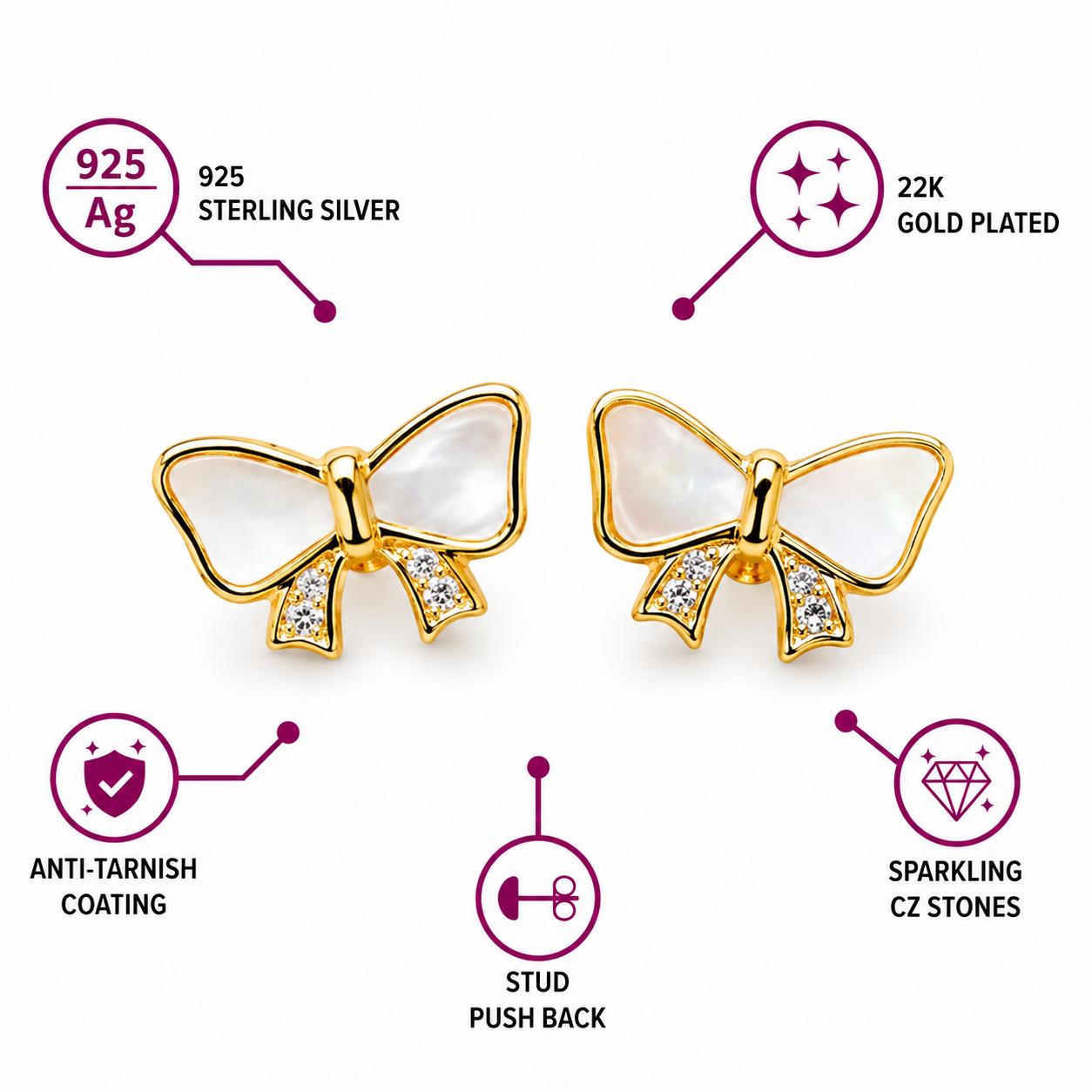 925 Sterling Silver With 22k Gold Plated Mother Of Pearl Bow Radiance Studs - Image 5