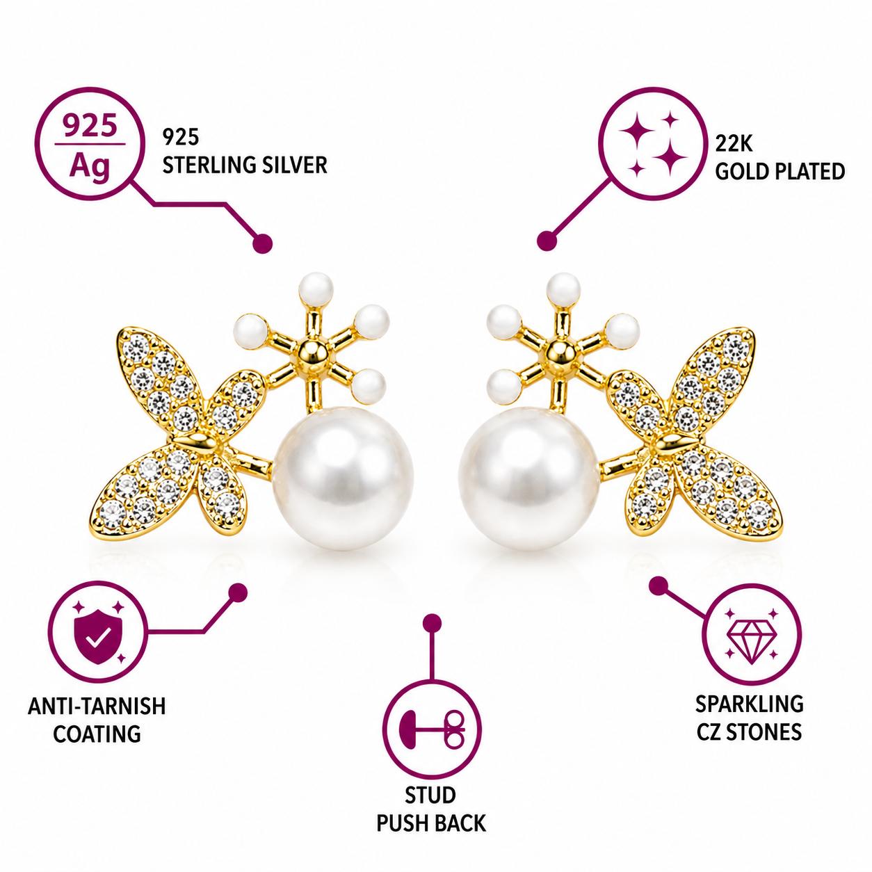 925 Sterling Silver With 22k Gold Plated Floral Pearl Stud Earrings - Image 5