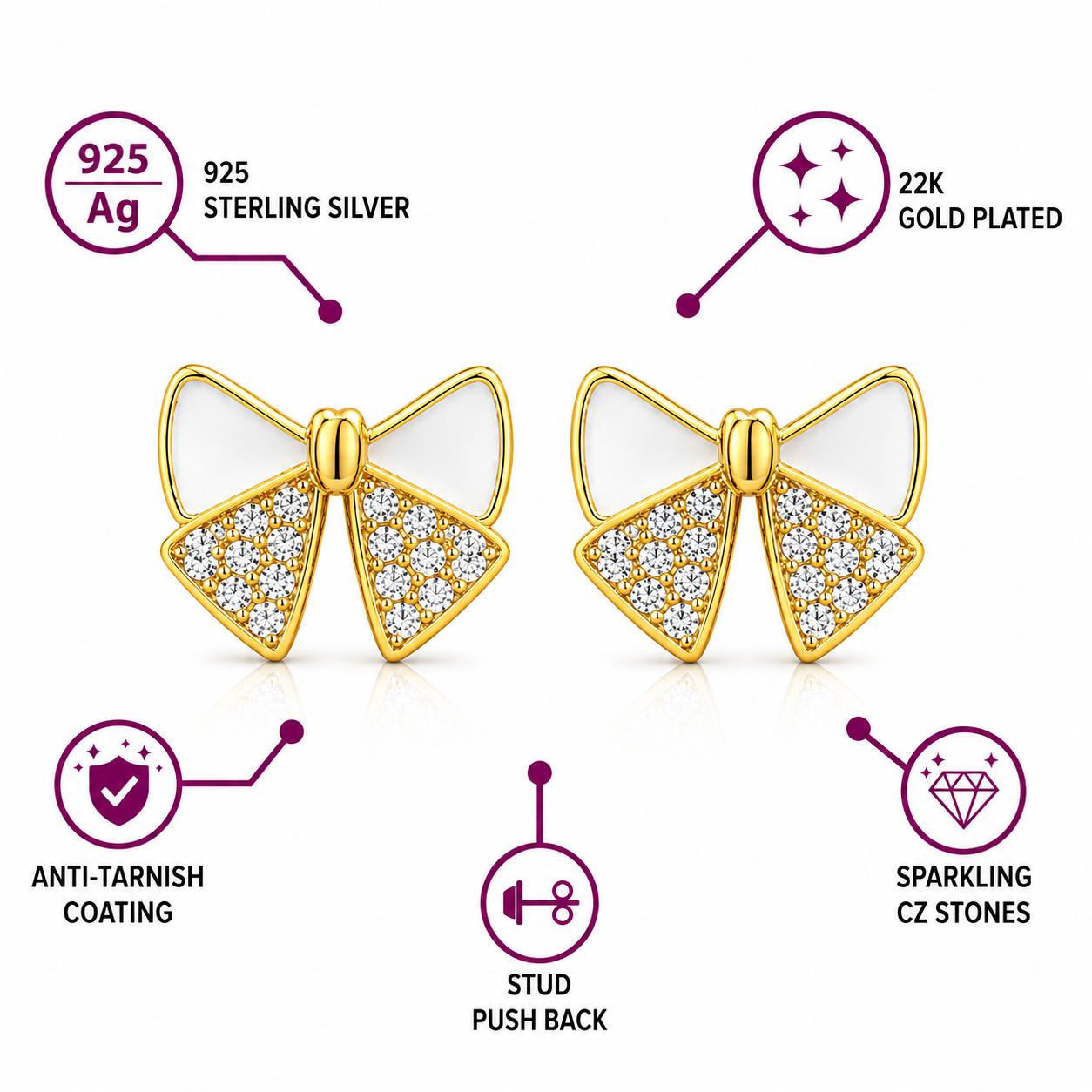 925 Sterling Silver With 22k Gold Plated Elegant Gold Bow Stud Earrings With Crystal Detailing - Image 5