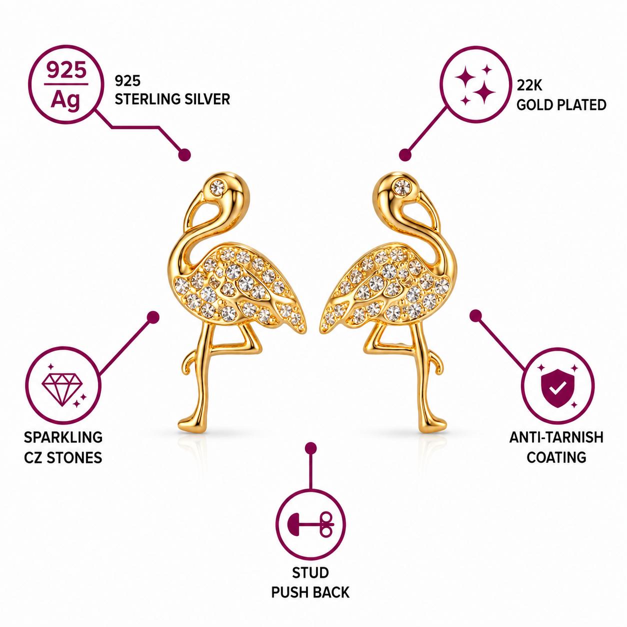 925 Sterling Silver With 22k Gold Plated Flamingo Crystal Stud Earrings - Image 5
