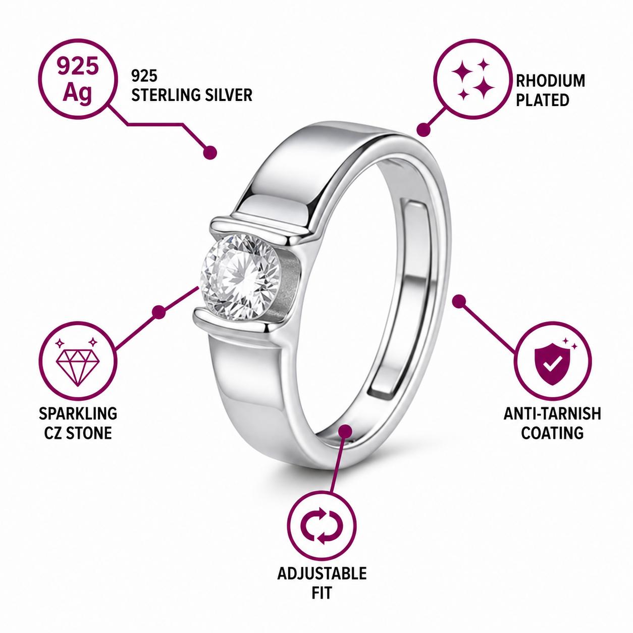 925 Sterling Silver Round Solitaire Men's Ring - Image 4
