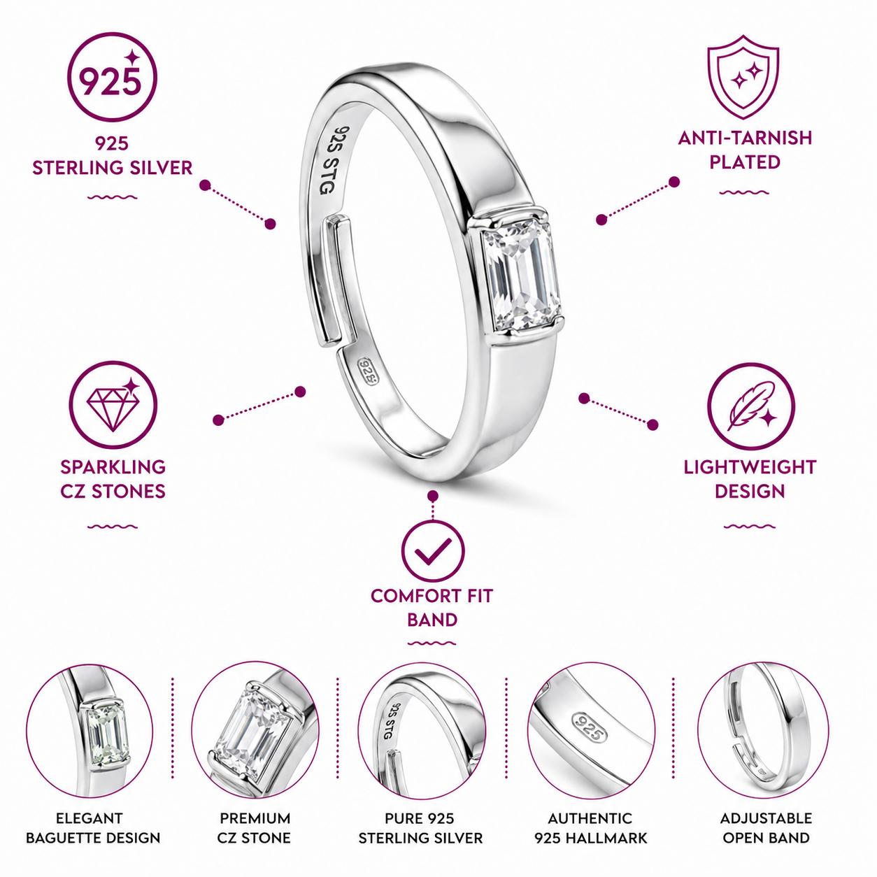 925 Sterling Silver Emerald Cut Solitaire Men's Ring - Image 4