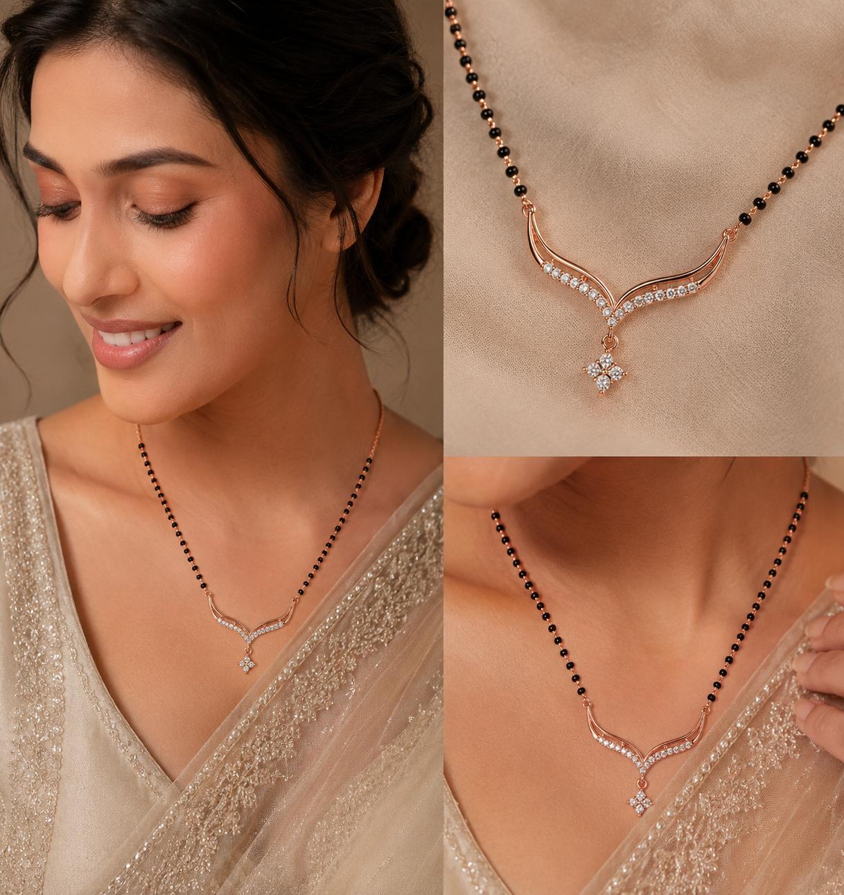 925 Sterling Silver Rose Gold Plated Celestial V-Curve Mangalsutra - Image 2