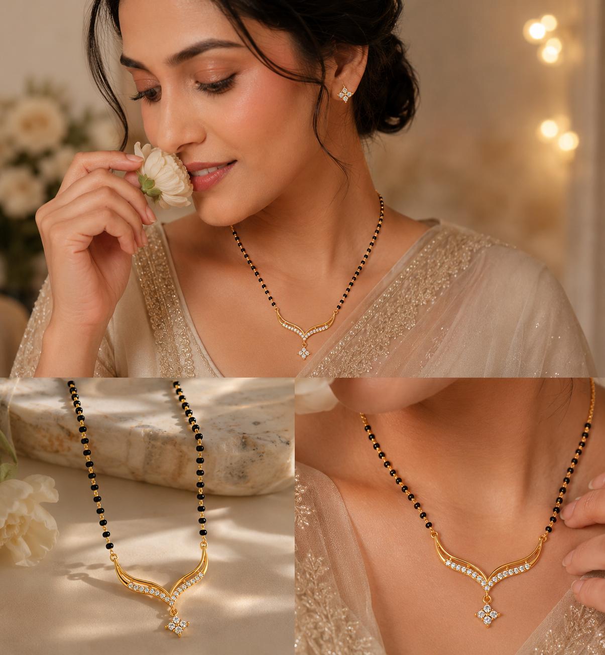 925 Sterling Silver Gold Plated Celestial V-Curve Mangalsutra - Image 2
