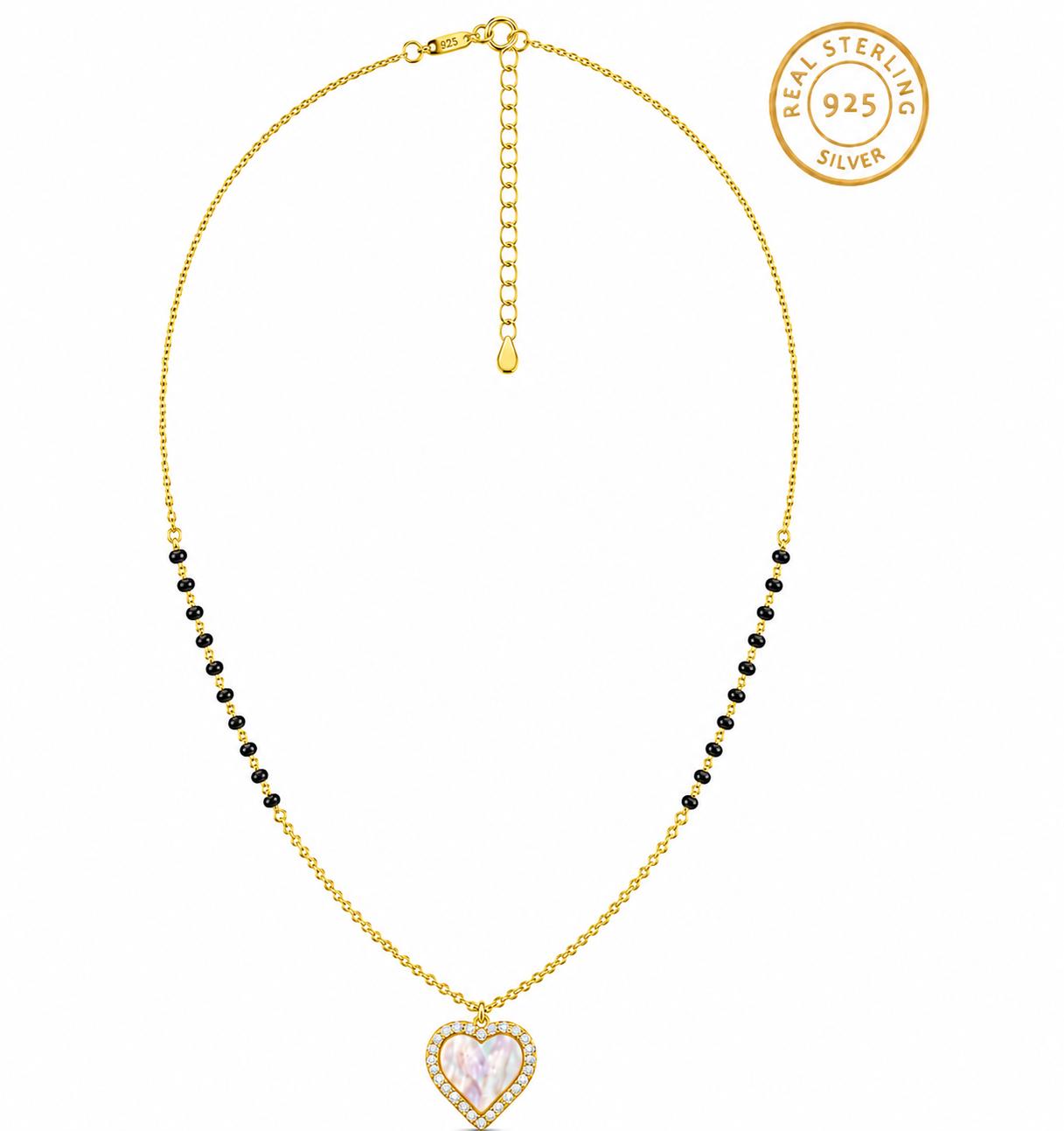 925 Sterling Silver Gold Plated Mother Of Pearl Heart Mangalsutra - Image 3