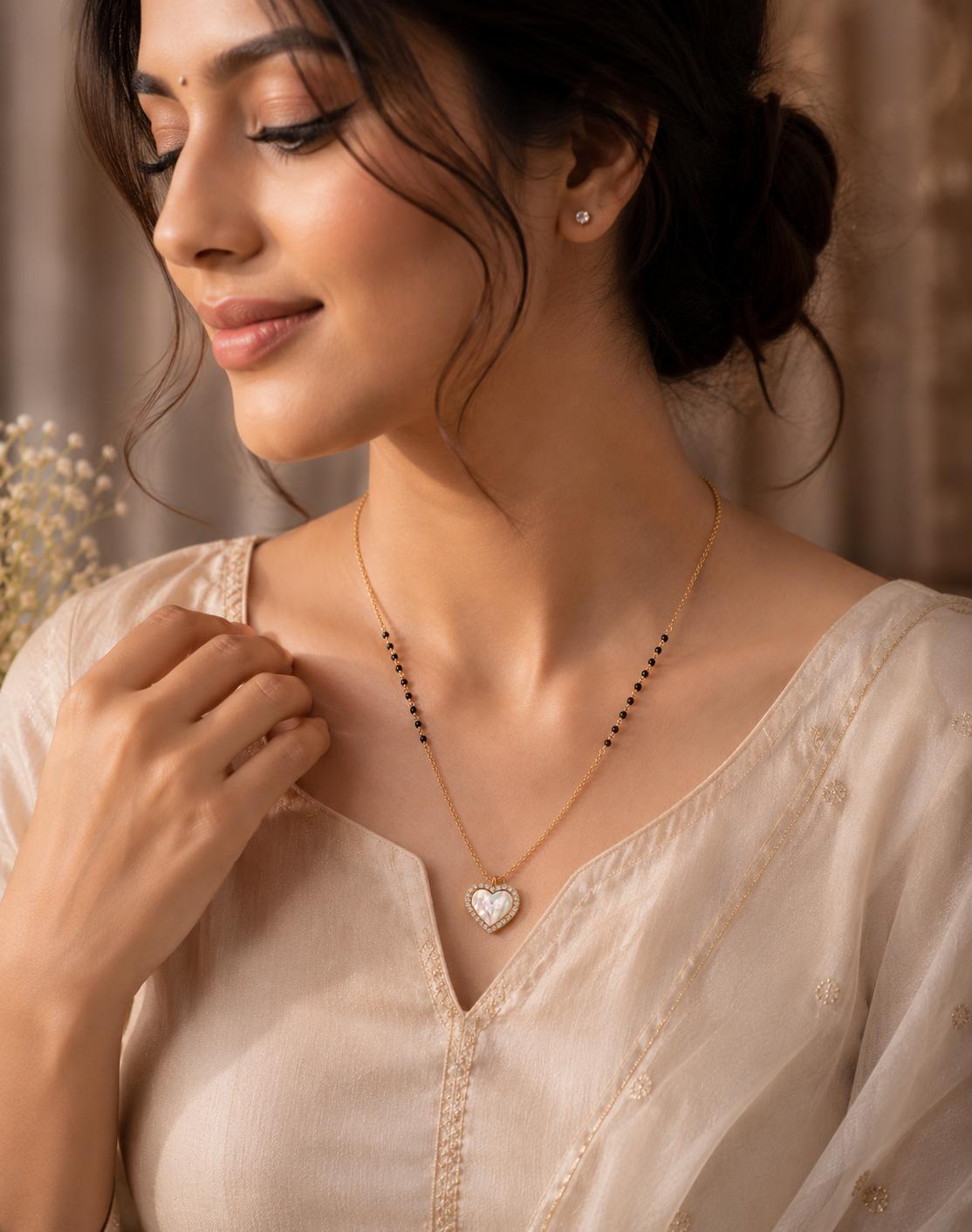 925 Sterling Silver Gold Plated Mother Of Pearl Heart Mangalsutra - Image 2