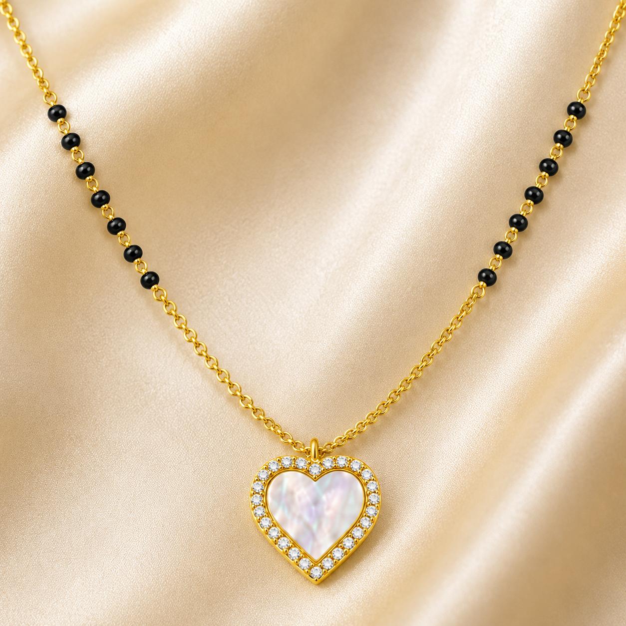 925 Sterling Silver Gold Plated Mother Of Pearl Heart Mangalsutra - Image 4