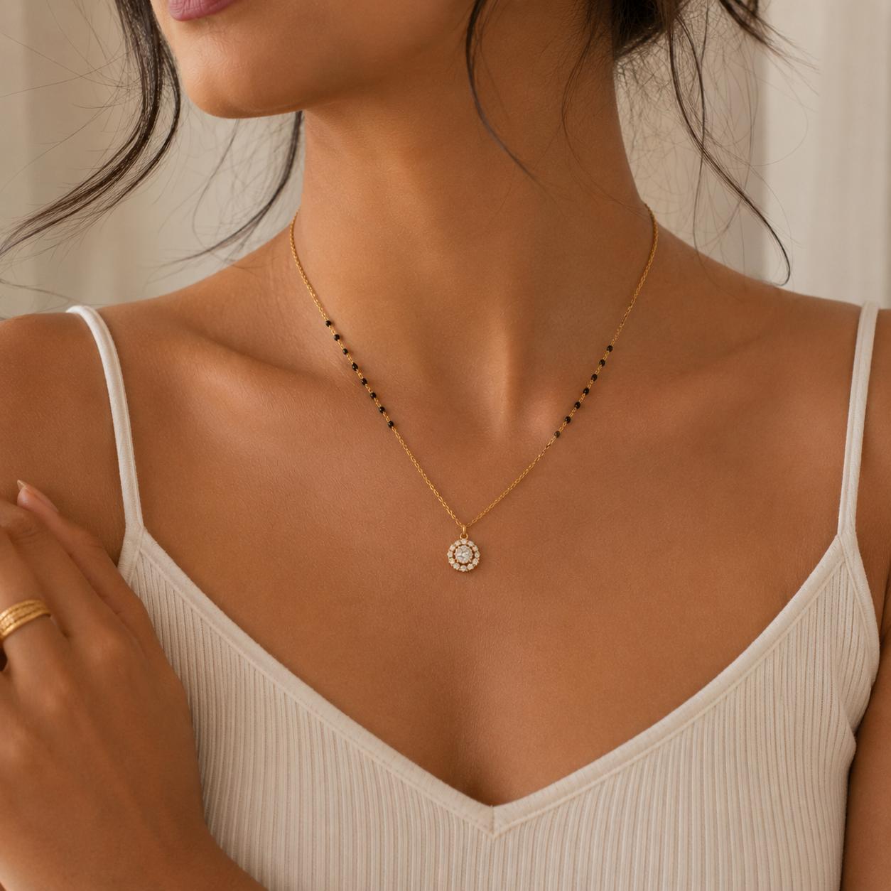 925 Sterling Silver Gold Plated Halo Crystal Mangalsutra - Image 4