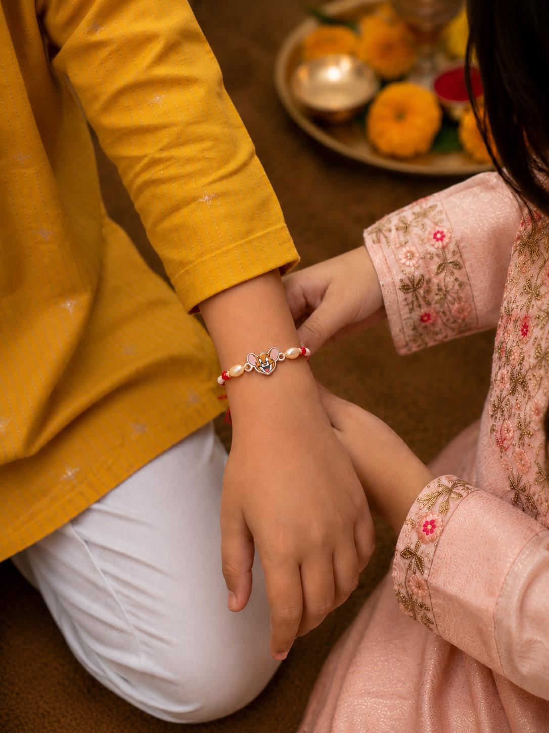 925 Sterling Silver Jerry Cartoon Kids Rakhi With Roli-Chawal Set - Image 2