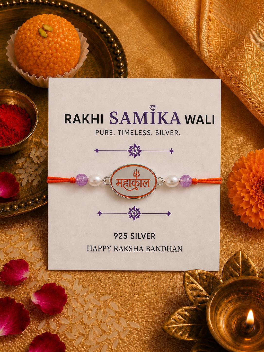 925 Sterling Silver Mahakal Designer Rakhi With Roli-Chawal Set - Image 5