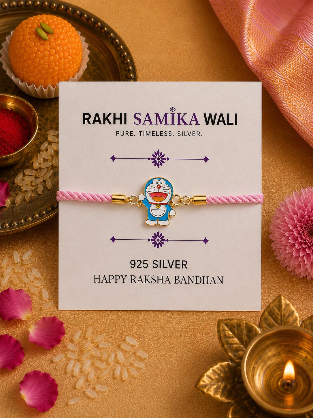 925 Sterling Silver Doraemon Cartoon Rakhi For Kids With Roli-Chawal Set - Image 5