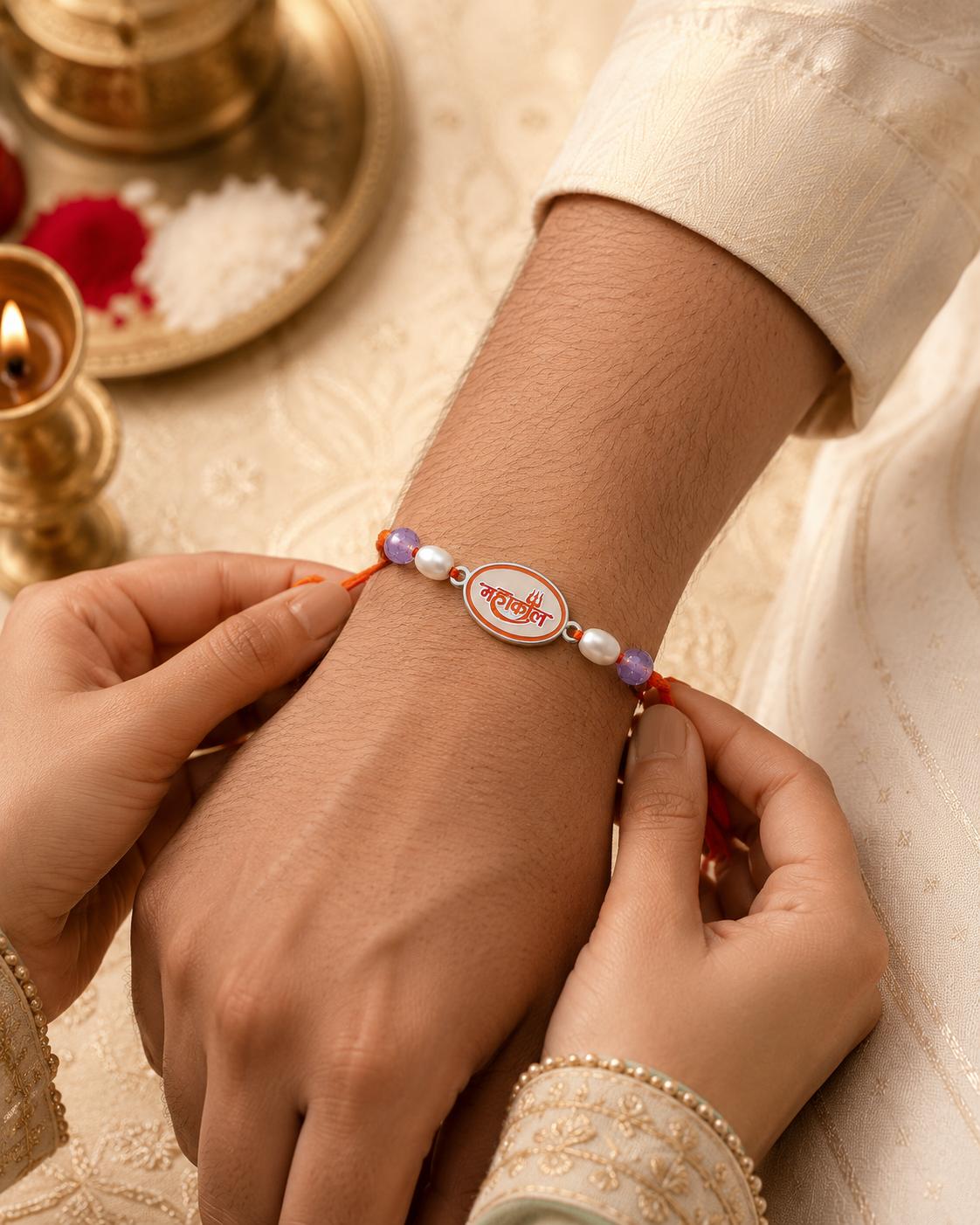 925 Sterling Silver Mahakal Designer Rakhi With Roli-Chawal Set - Image 2
