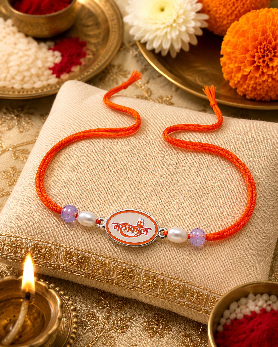 925 Sterling Silver Mahakal Designer Rakhi With Roli-Chawal Set - Image 4