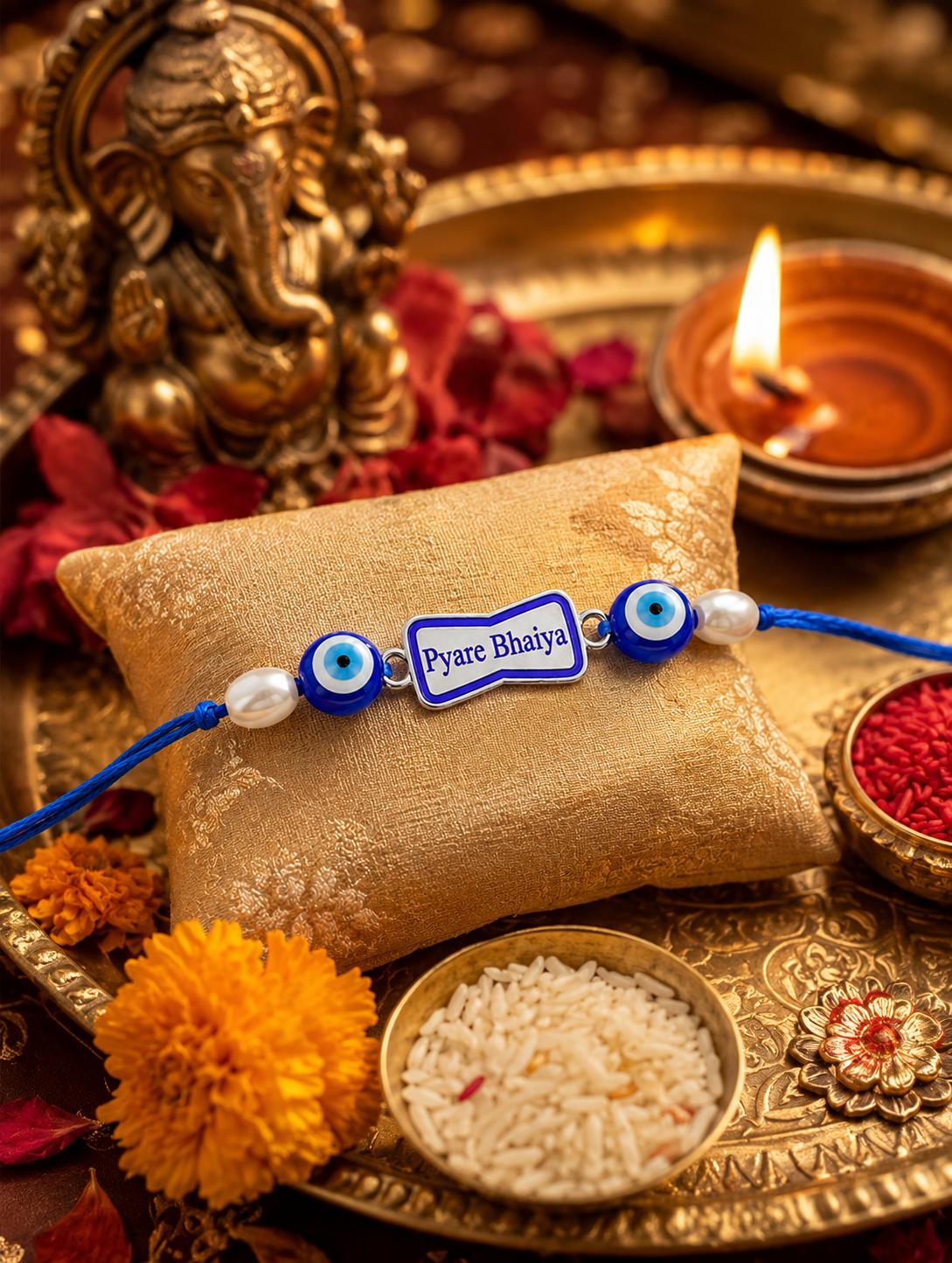 925 Sterling Silver Pyare Bhaiya Designer Rakhi With Roli-Chawal Set - Image 4