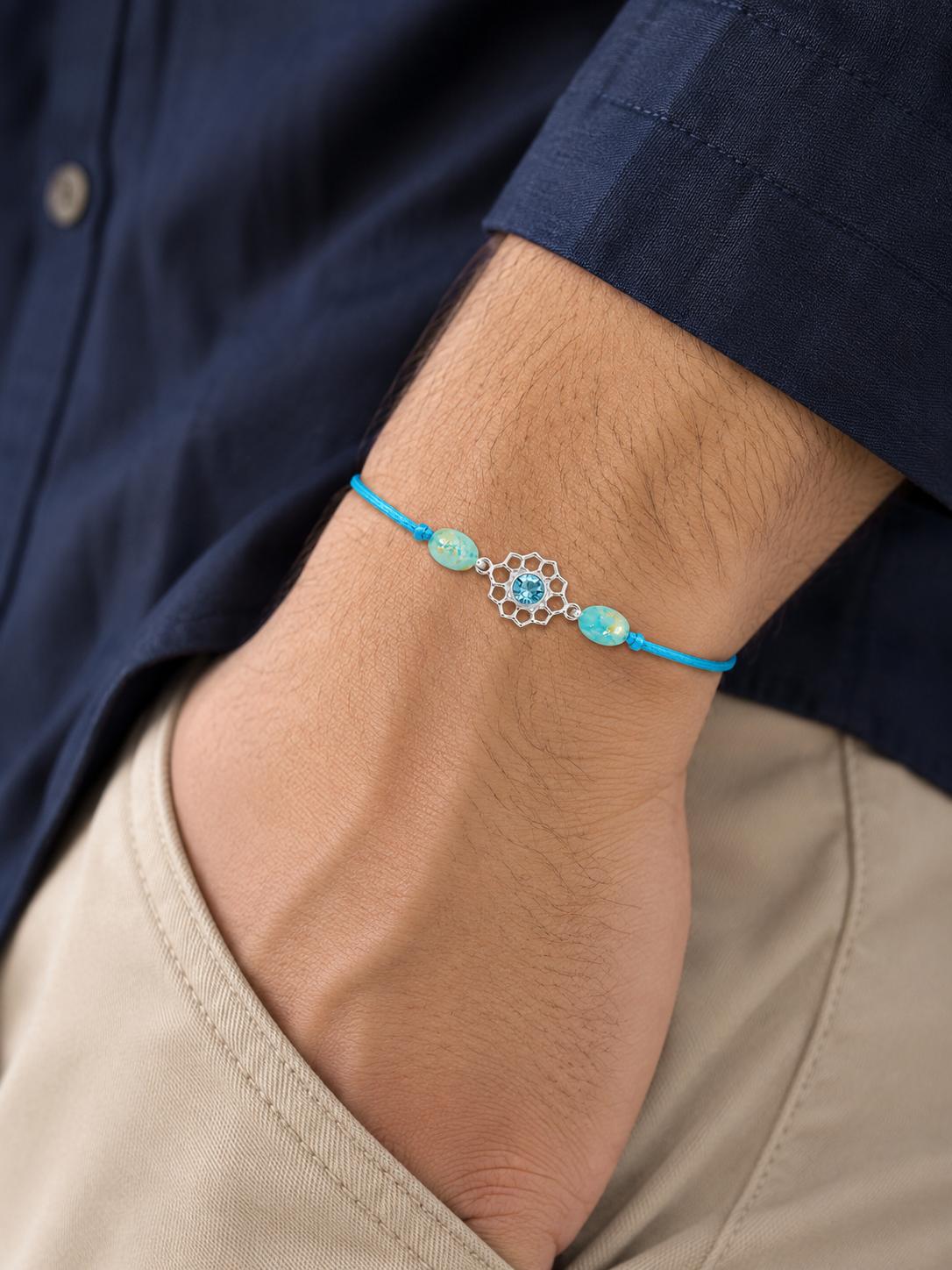 925 Sterling Silver Blue Crystal Floral Designer Rakhi With Roli-Chawal Set - Image 2