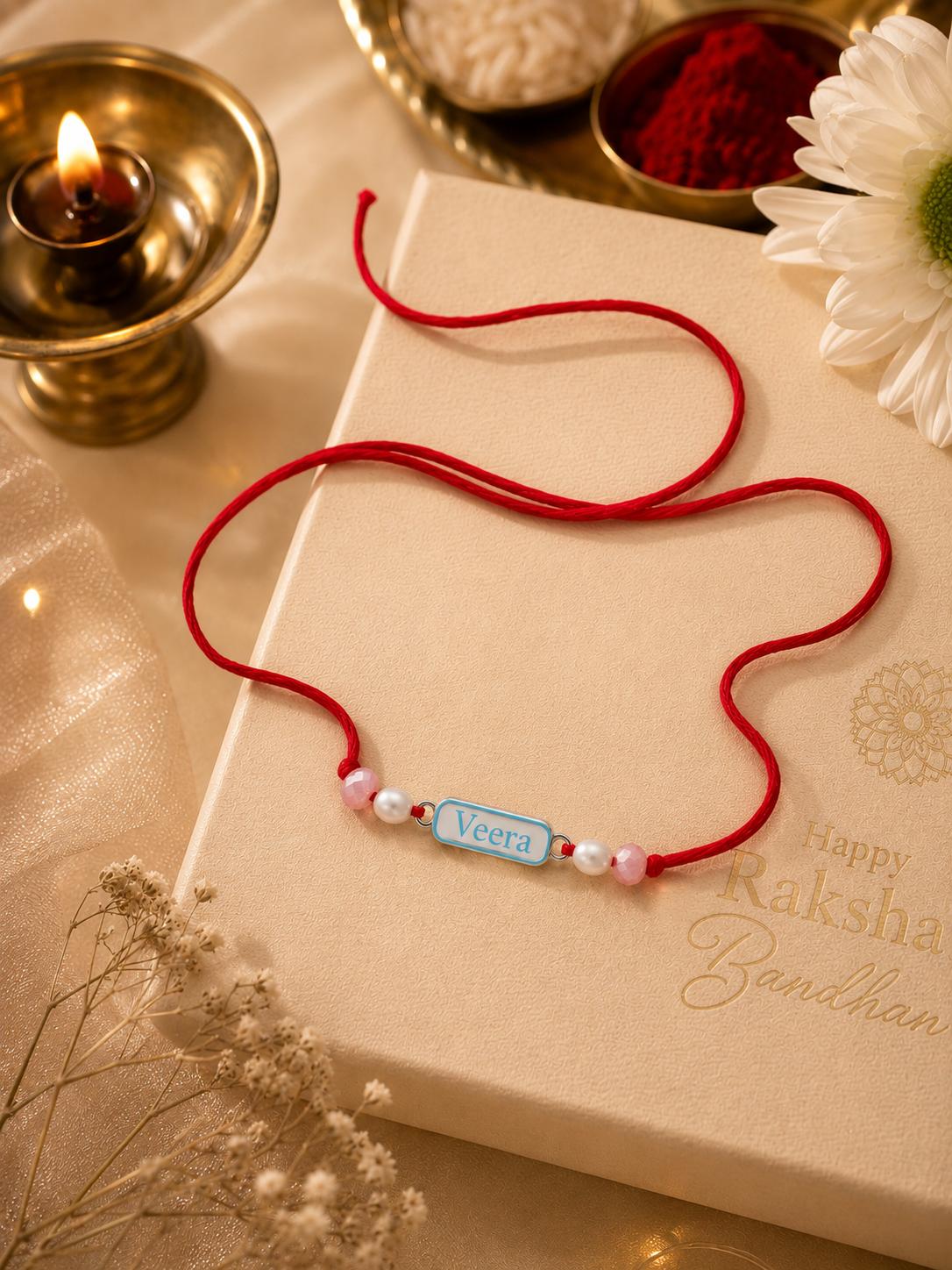 925 Sterling Silver Veera Designer Rakhi With Roli-Chawal Set - Image 4