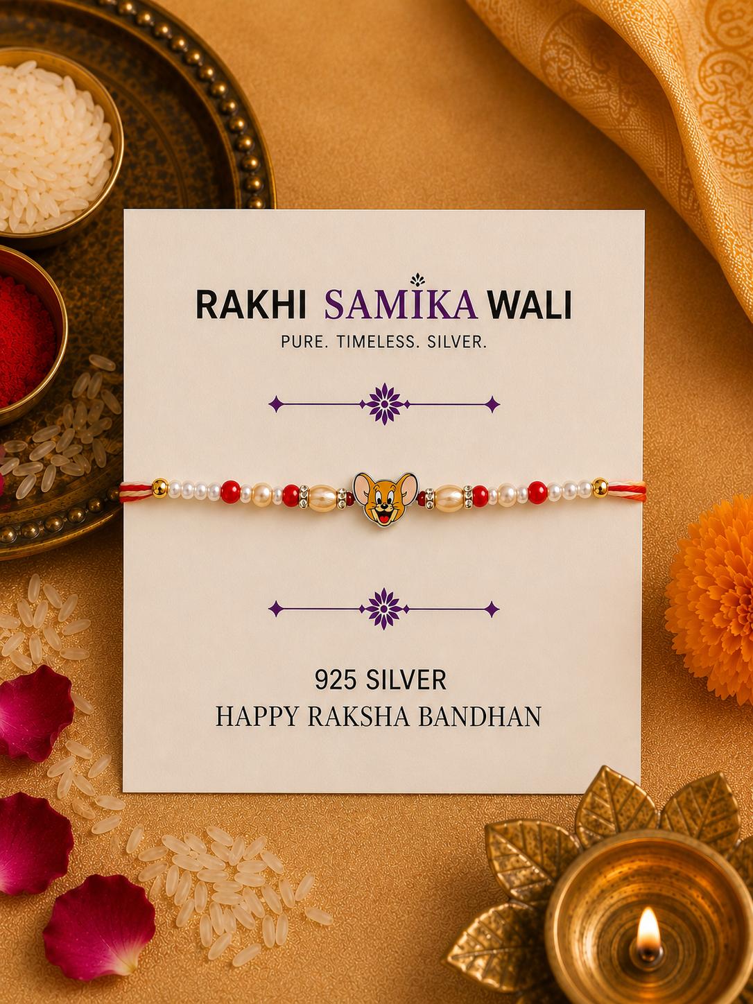 925 Sterling Silver Jerry Cartoon Kids Rakhi With Roli-Chawal Set - Image 6