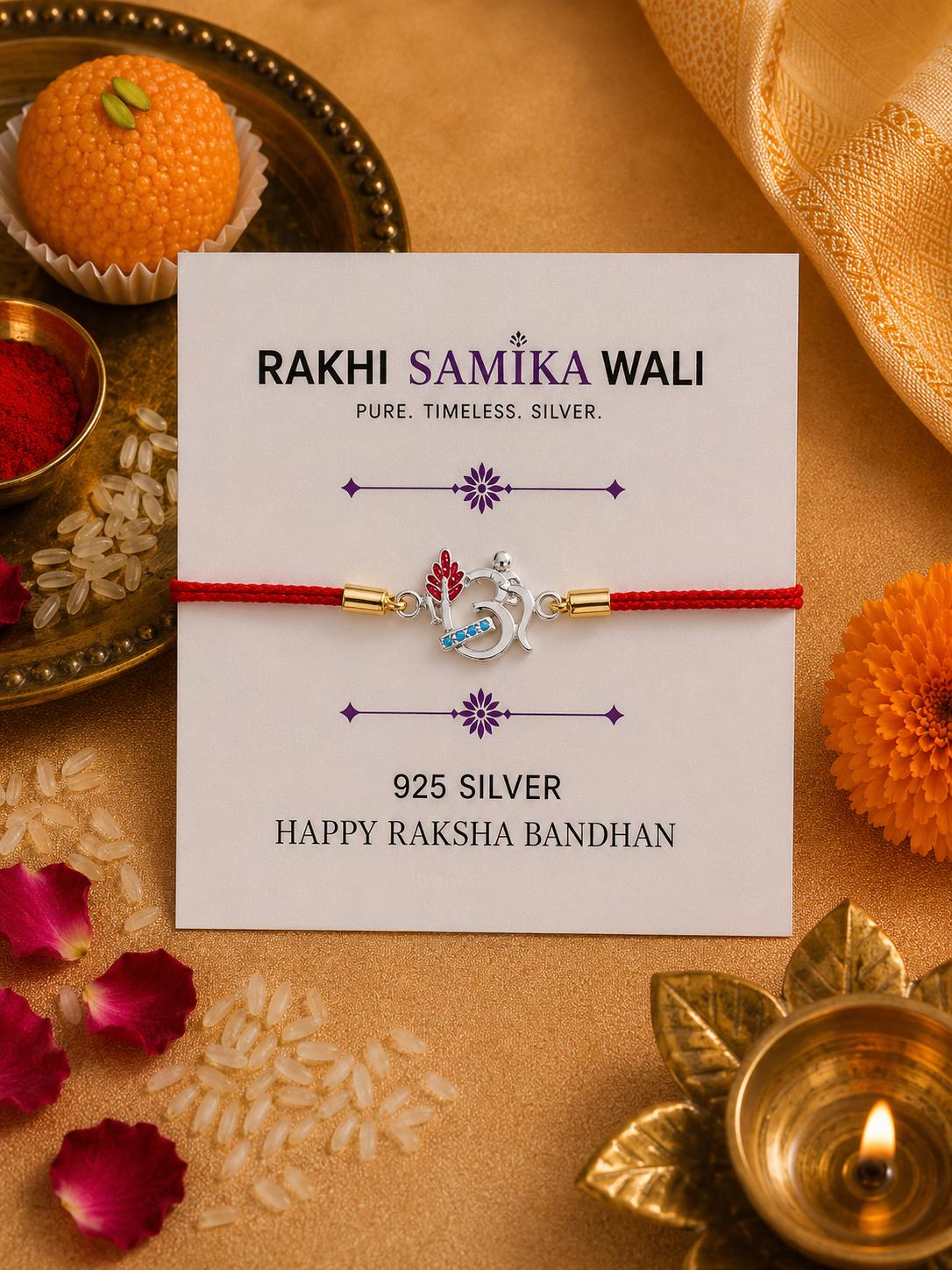 925 Sterling Silver Om Symbol Rakhi With Roli-Chawal Set - Image 5