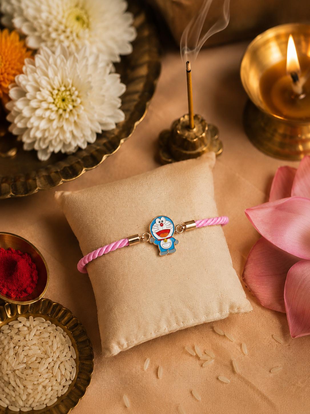 925 Sterling Silver Doraemon Cartoon Rakhi For Kids With Roli-Chawal Set - Image 4