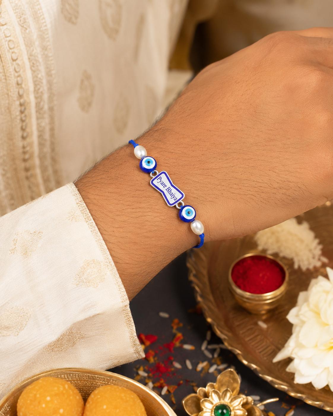 925 Sterling Silver Pyare Bhaiya Designer Rakhi With Roli-Chawal Set - Image 3