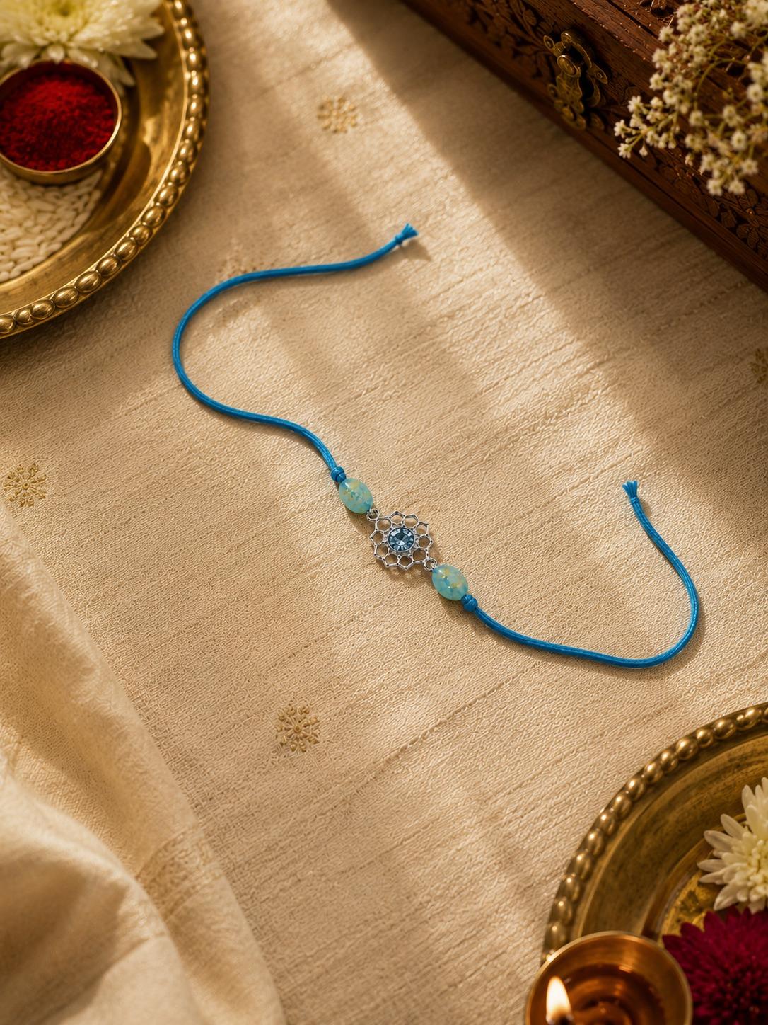 925 Sterling Silver Blue Crystal Floral Designer Rakhi With Roli-Chawal Set - Image 5