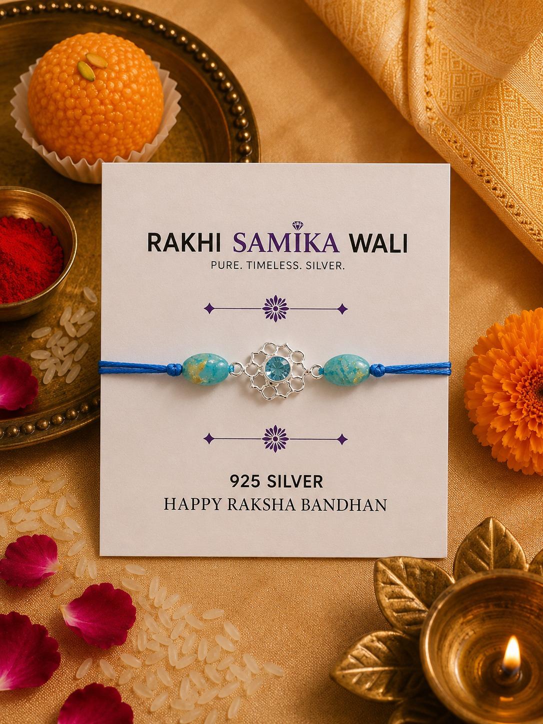 925 Sterling Silver Blue Crystal Floral Designer Rakhi With Roli-Chawal Set - Image 6