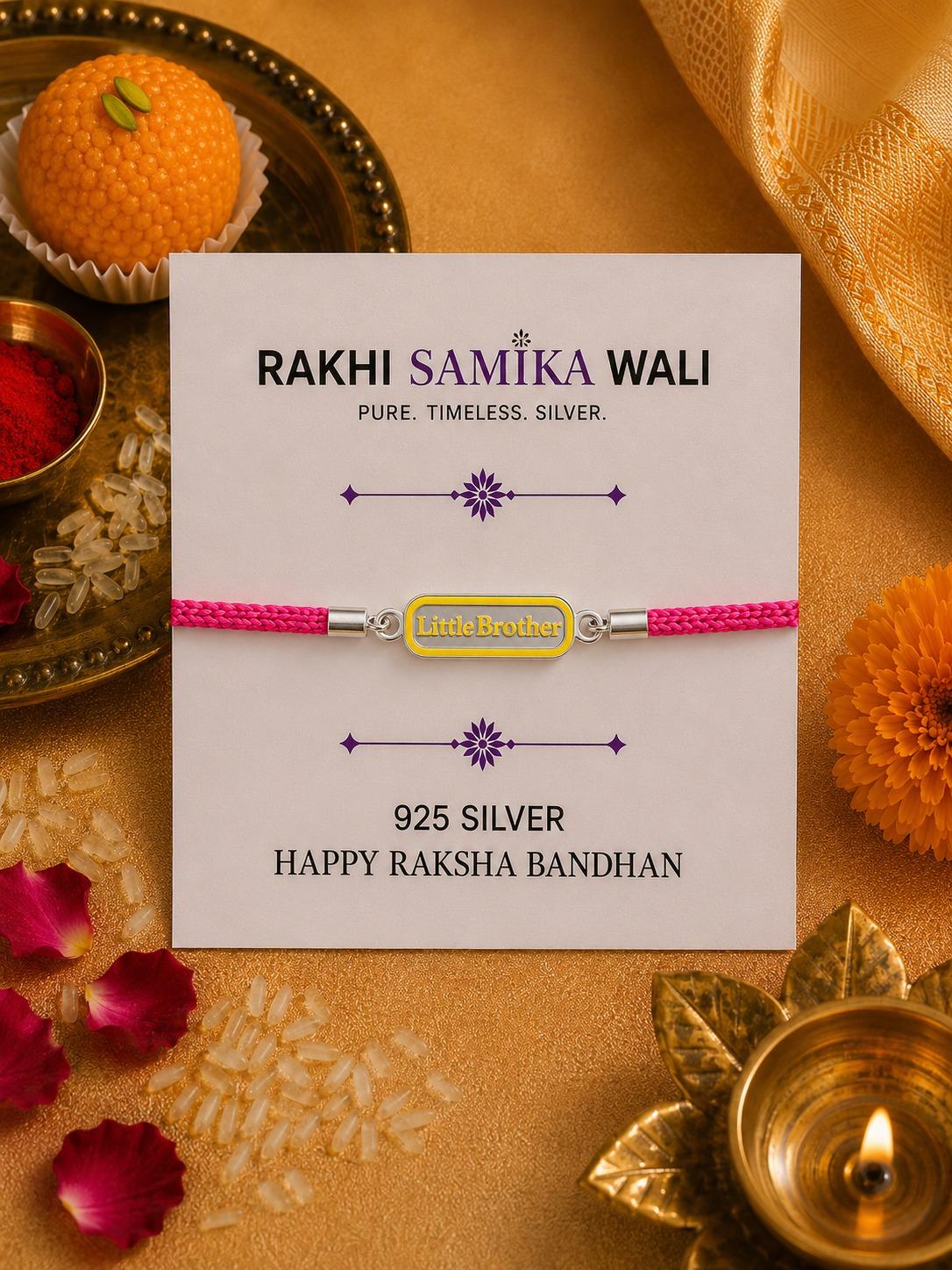 925 Sterling Silver Little Brother Designer Rakhi With Roli-Chawal Set - Image 5