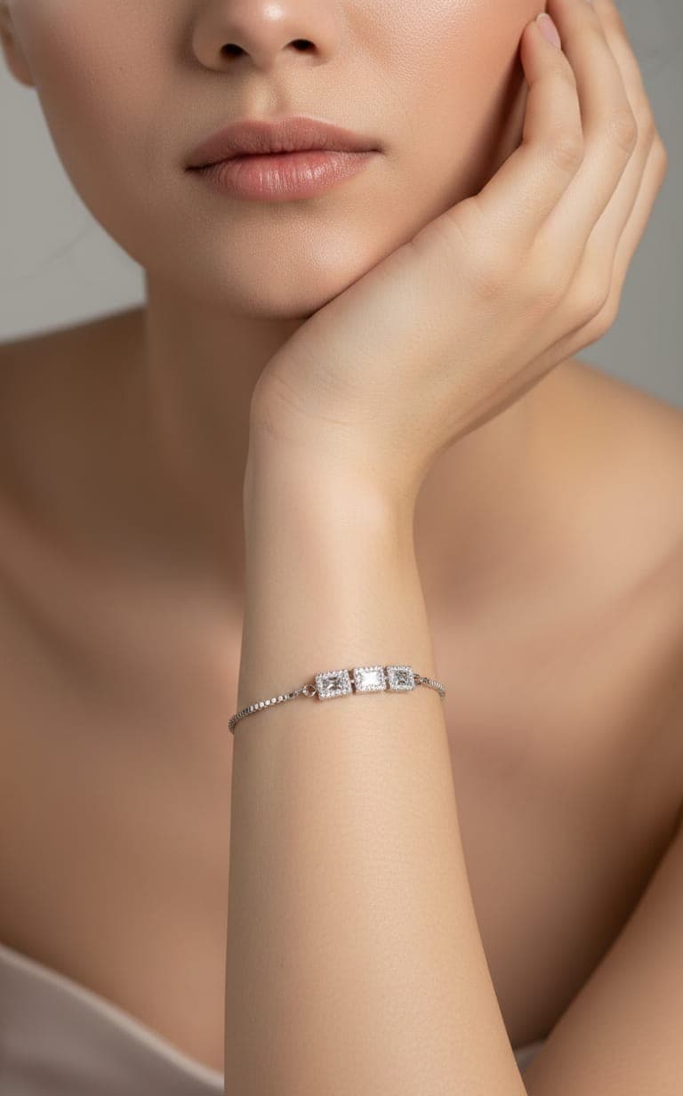 925 Sterling Silver Cushion Cut Square Halo Studs Bracelet - Image 2