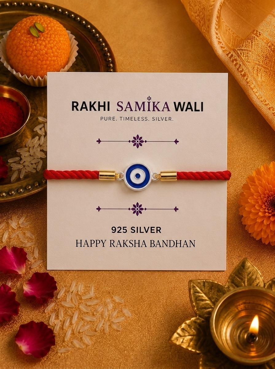 925 Sterling Silver Evil Eye Protection Designer Rakhi With Roli-Chawal Set - Image 5
