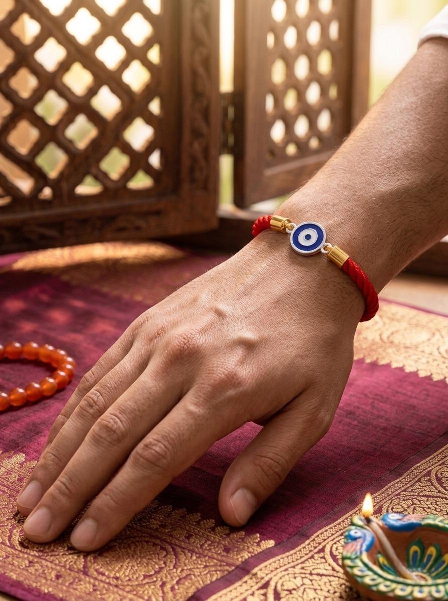 925 Sterling Silver Evil Eye Protection Designer Rakhi With Roli-Chawal Set - Image 2