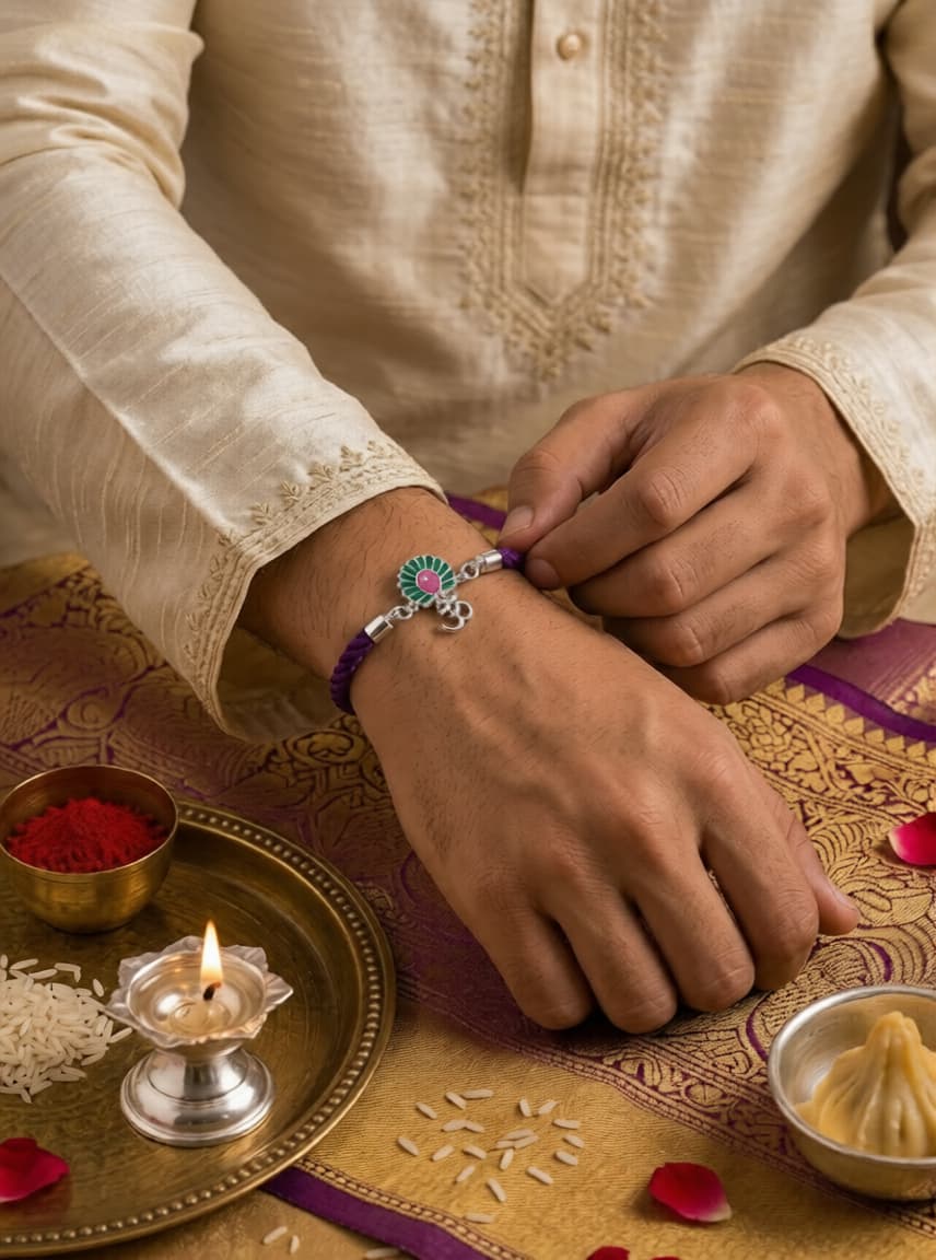 925 Sterling Silver Traditional Om Morpankh Rakhi With Roli-Chawal Set - Image 2