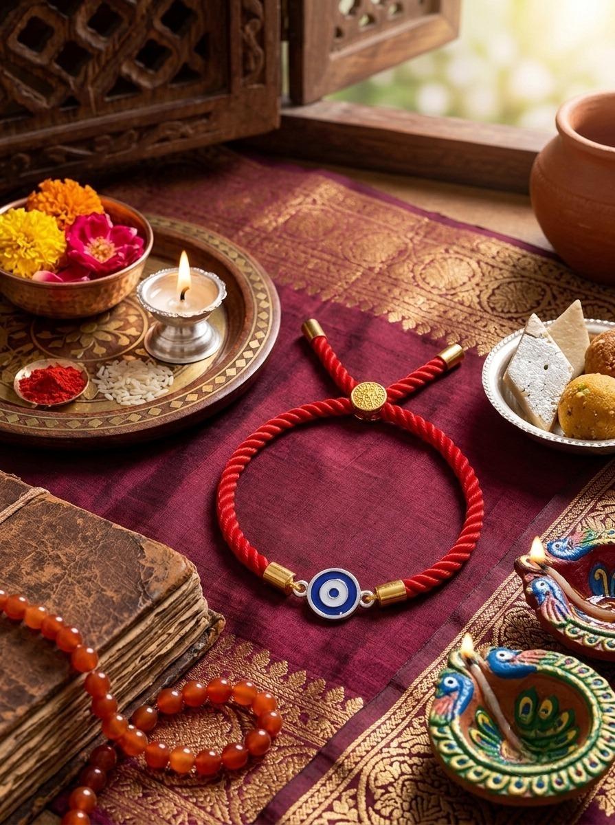 925 Sterling Silver Evil Eye Protection Designer Rakhi With Roli-Chawal Set - Image 4