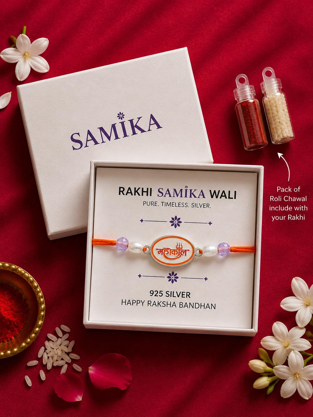 925 Sterling Silver Mahakal Designer Rakhi With Roli-Chawal Set - Image 3