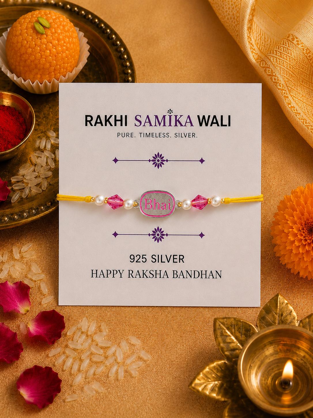 925 Sterling Silver Bhai Designer Rakhi With Roli-Chawal Set - Image 5