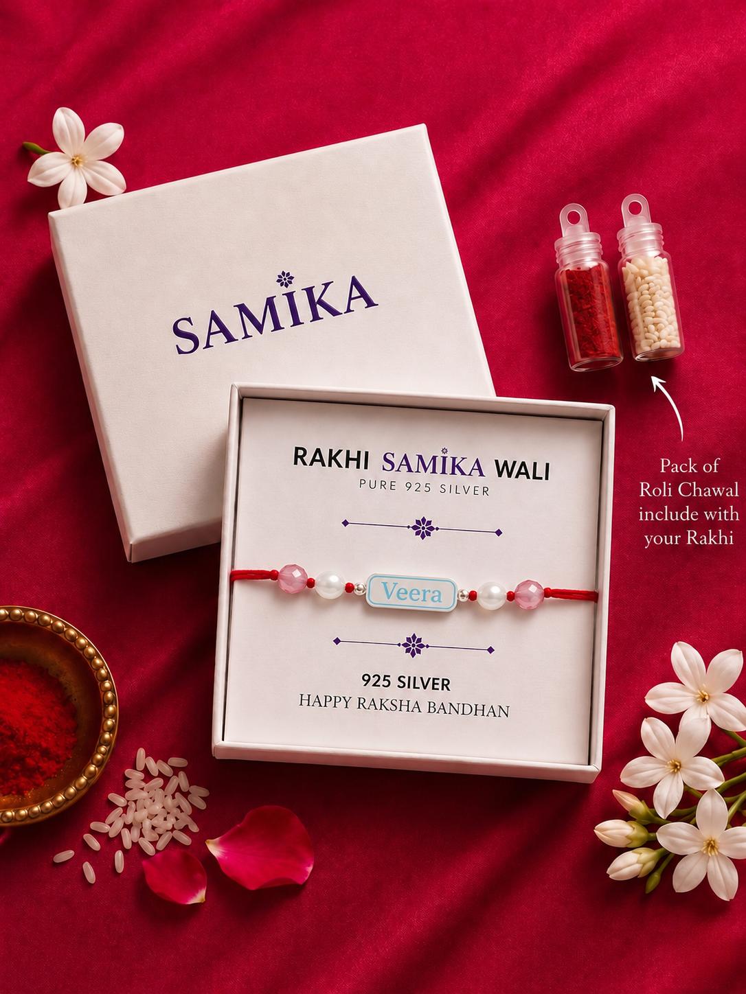 925 Sterling Silver Veera Designer Rakhi With Roli-Chawal Set - Image 3