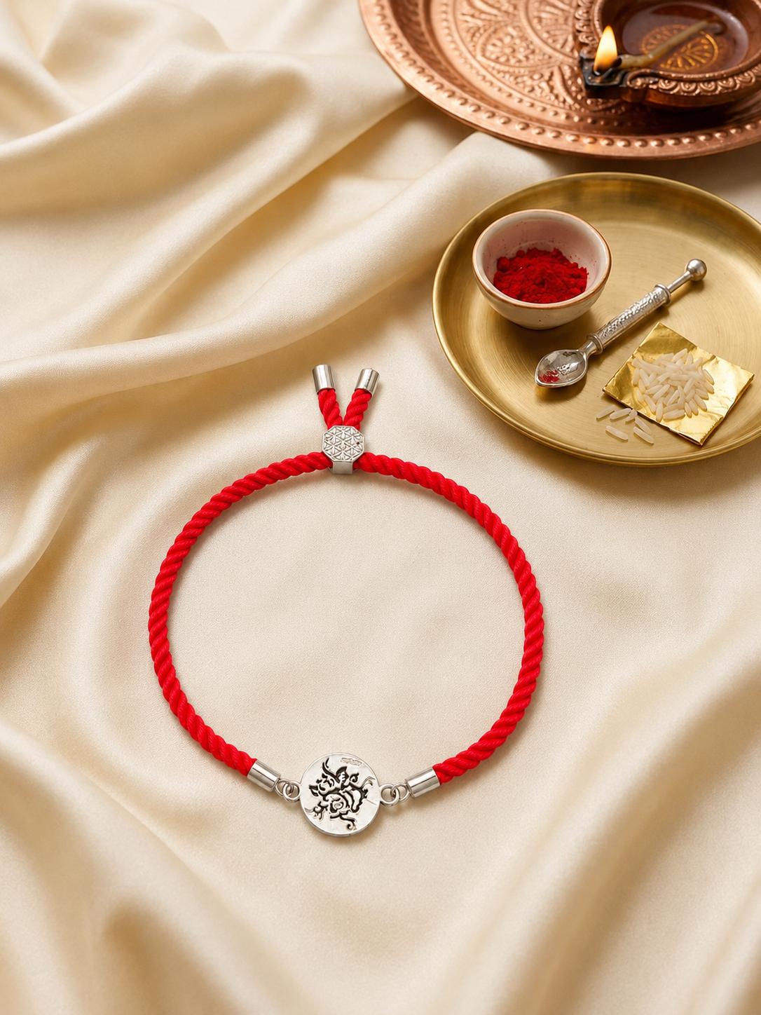 925 Sterling Silver Traditional Floral Design Rakhi With Roli-Chawal Set - Image 4
