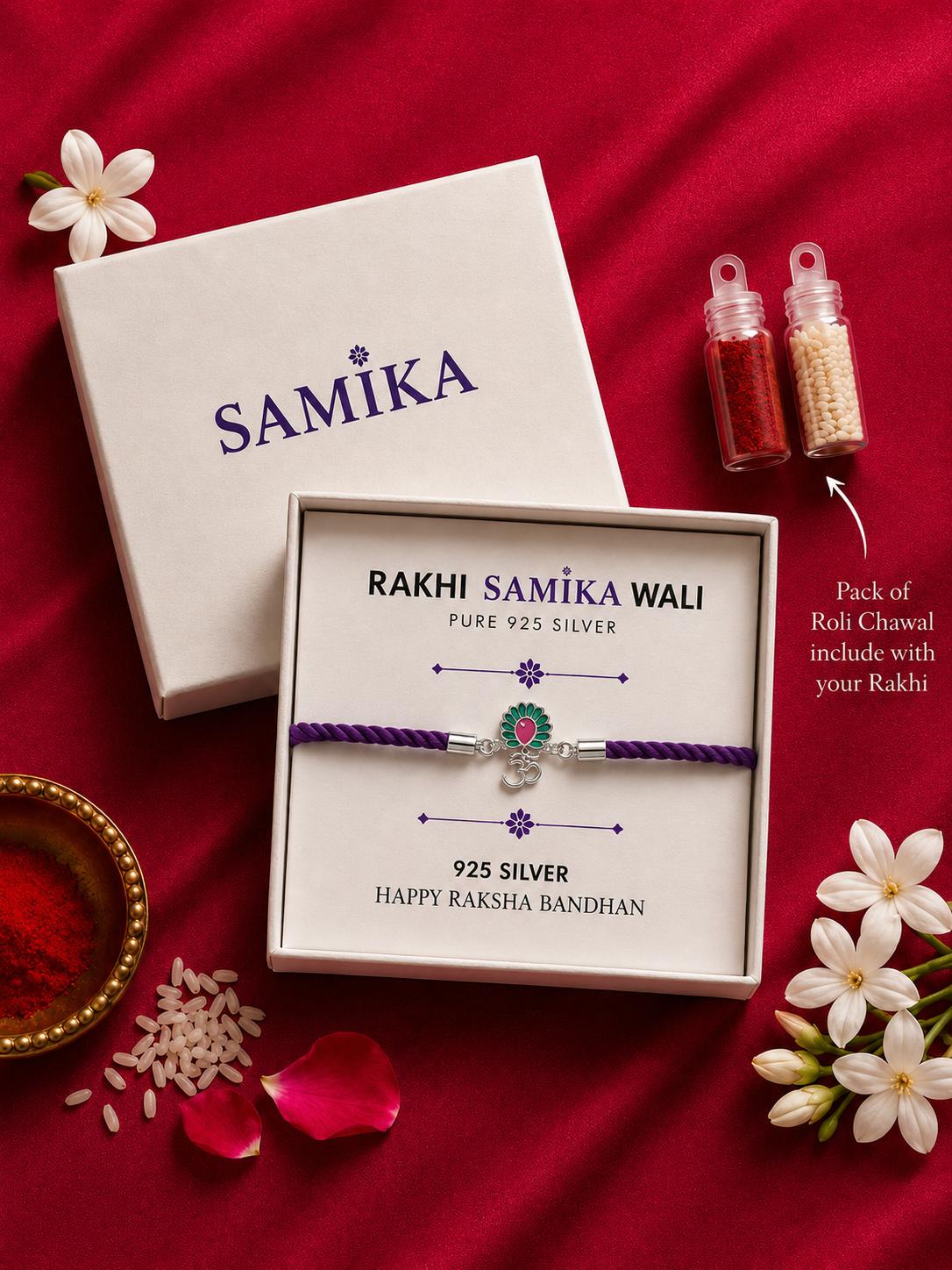 925 Sterling Silver Traditional Om Morpankh Rakhi With Roli-Chawal Set - Image 3